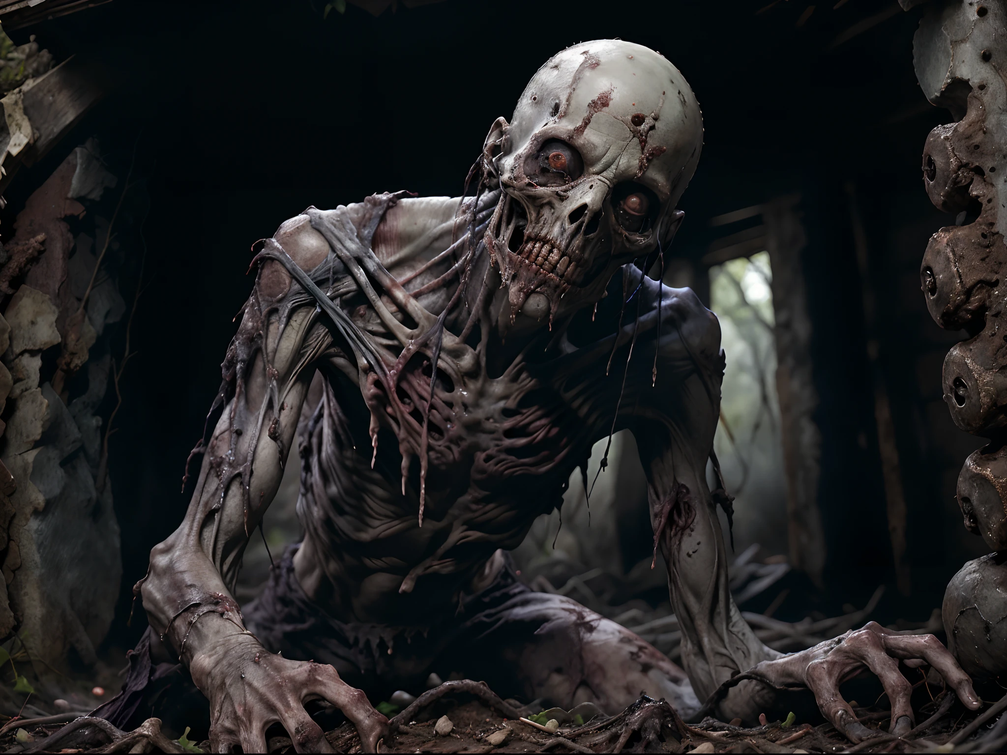 macabre spirit, entrails, crawling, 1hombre, Enfoque masculino, sangre, Ropa rasgada, empty eye sockets, piel verde, piel azul,
