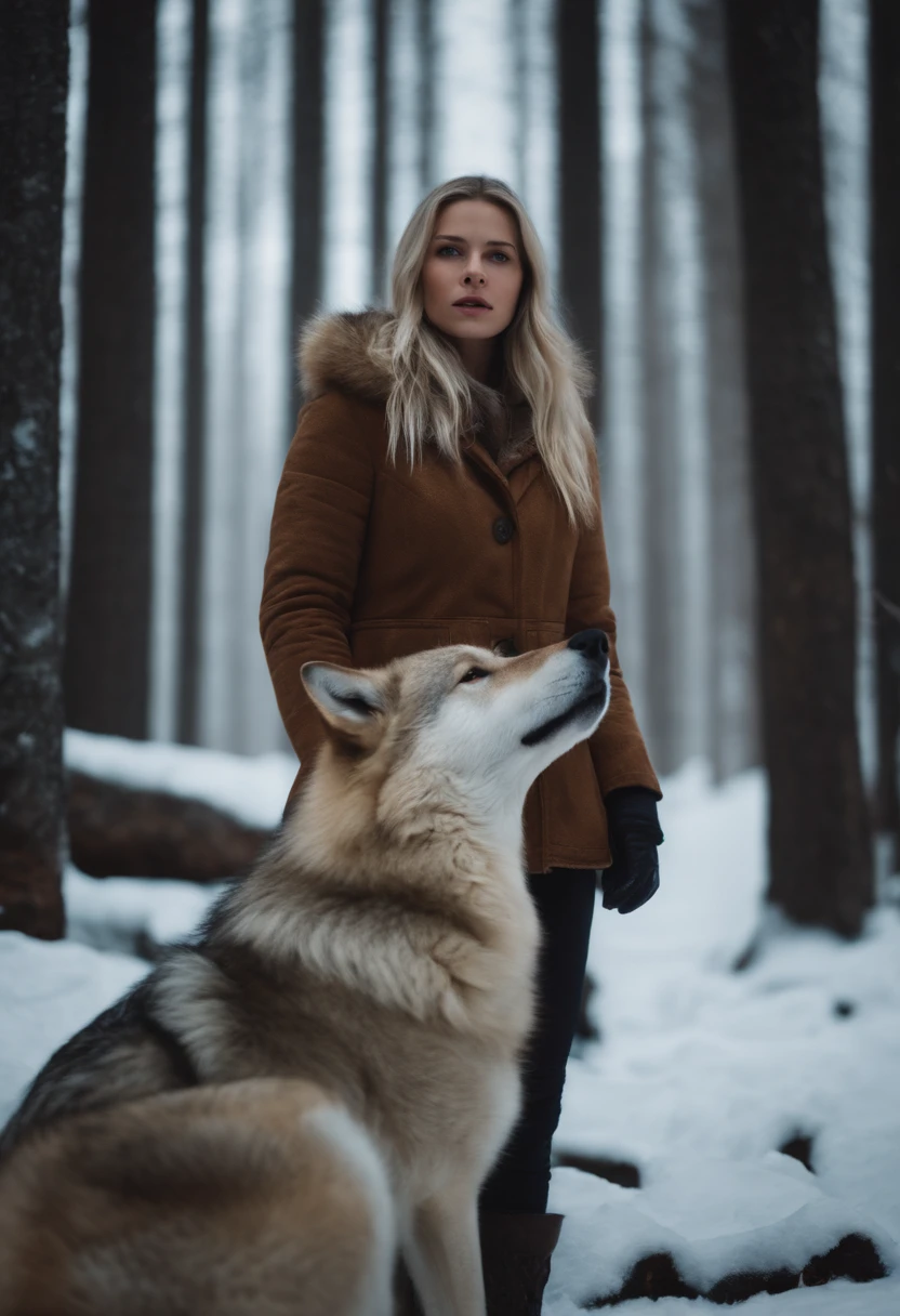 Blonde girl in icy forest,Next to it is a large brown wolf.