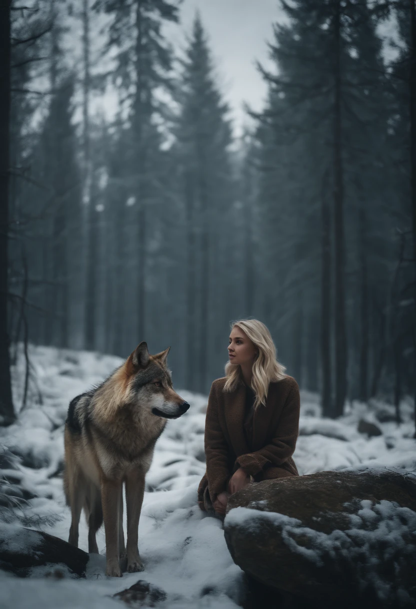 Woman sitting on a rock with a wolf in the snow - SeaArt AI