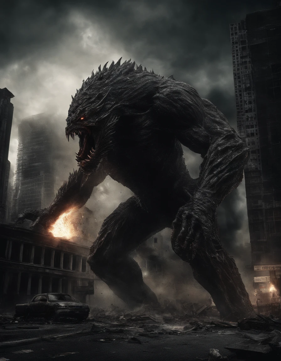 Photography of a colossal, rampaging monster wreaking havoc in a bustling city center. Towering skyscrapers crumble under its massive claws, while panicked crowds flee in terror. The monster's rough, scaly skin ripples with every movement, and its thunderous roars echo through the chaos. The composition is a wide shot, conveying the scale of destruction and the overwhelming power of the creature. The lighting is dynamic, with explosions and fires illuminating the scene, creating a sense of urgency and danger. This photograph captures the catastrophic force and unstoppable fury of a monstrous being unleashed upon an urban landscape
