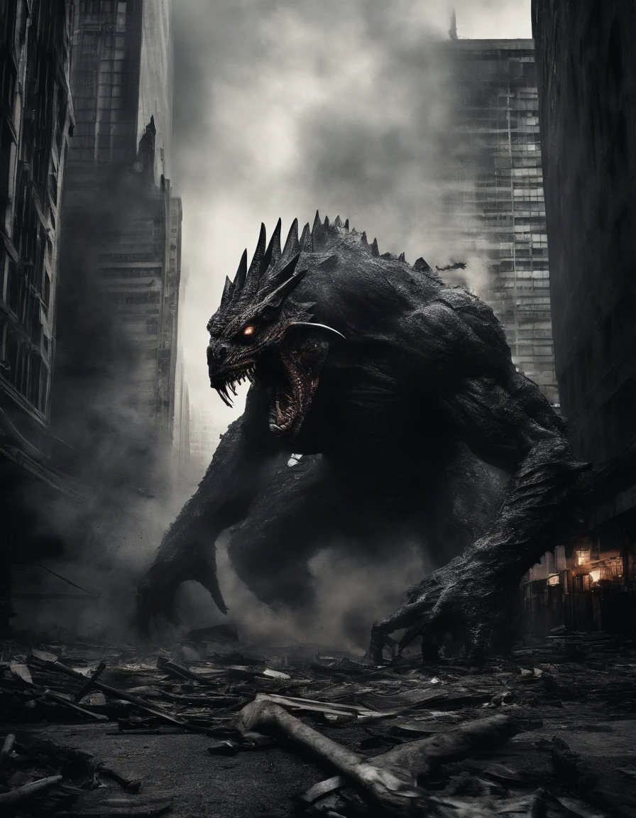 Photography of a colossal, rampaging monster wreaking havoc in a bustling city center. Towering skyscrapers crumble under its massive claws, while panicked crowds flee in terror. The monster's rough, scaly skin ripples with every movement, and its thunderous roars echo through the chaos. The composition is a wide shot, conveying the scale of destruction and the overwhelming power of the creature. The lighting is dynamic, with explosions and fires illuminating the scene, creating a sense of urgency and danger. This photograph captures the catastrophic force and unstoppable fury of a monstrous being unleashed upon an urban landscape