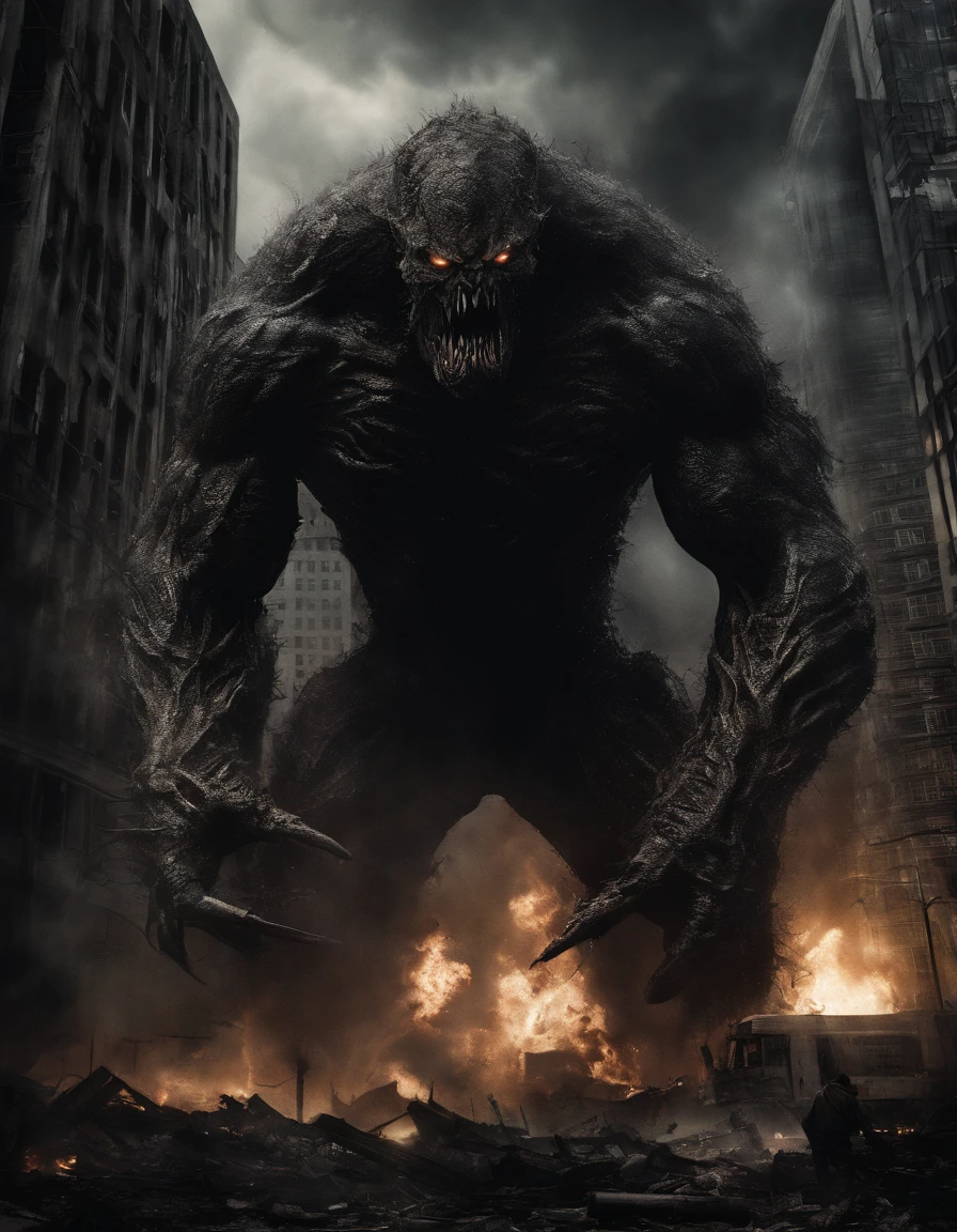 Photography of a colossal, rampaging monster wreaking havoc in a bustling city center. Towering skyscrapers crumble under its massive claws, while panicked crowds flee in terror. The monster's rough, scaly skin ripples with every movement, and its thunderous roars echo through the chaos. The composition is a wide shot, conveying the scale of destruction and the overwhelming power of the creature. The lighting is dynamic, with explosions and fires illuminating the scene, creating a sense of urgency and danger. This photograph captures the catastrophic force and unstoppable fury of a monstrous being unleashed upon an urban landscape