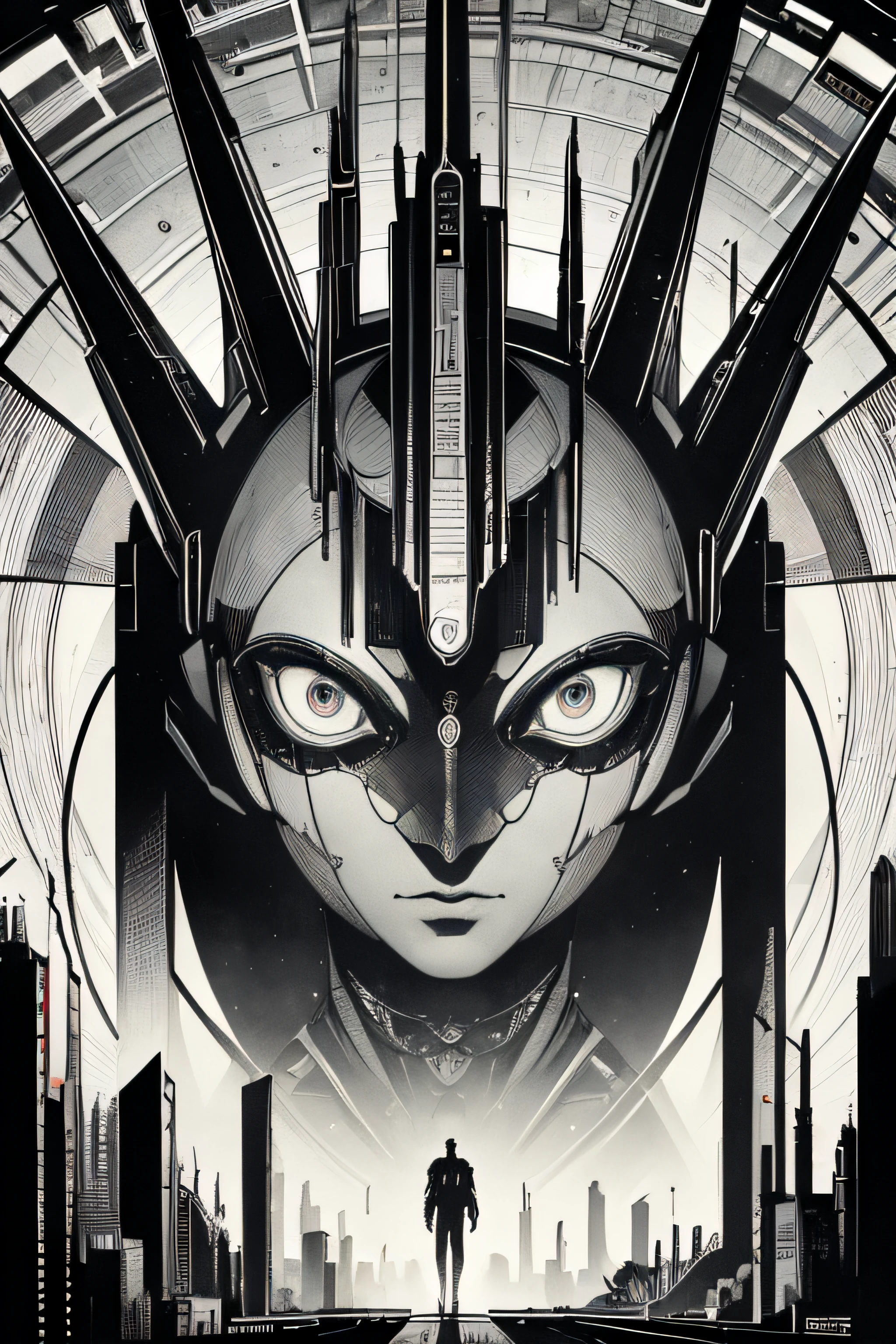 (Masterpiece, Best Quality), 8k Wallpaper, highly detailed, poster, Metropolis, Maria Robot, science fiction,  German expressionist science-fiction silent film directed by Fritz Lang ,sexy, horror thriller cinematic movie poster, Bauhaus, shapes, lines, abstract, propaganda, movie poster, vintage, double exposure.