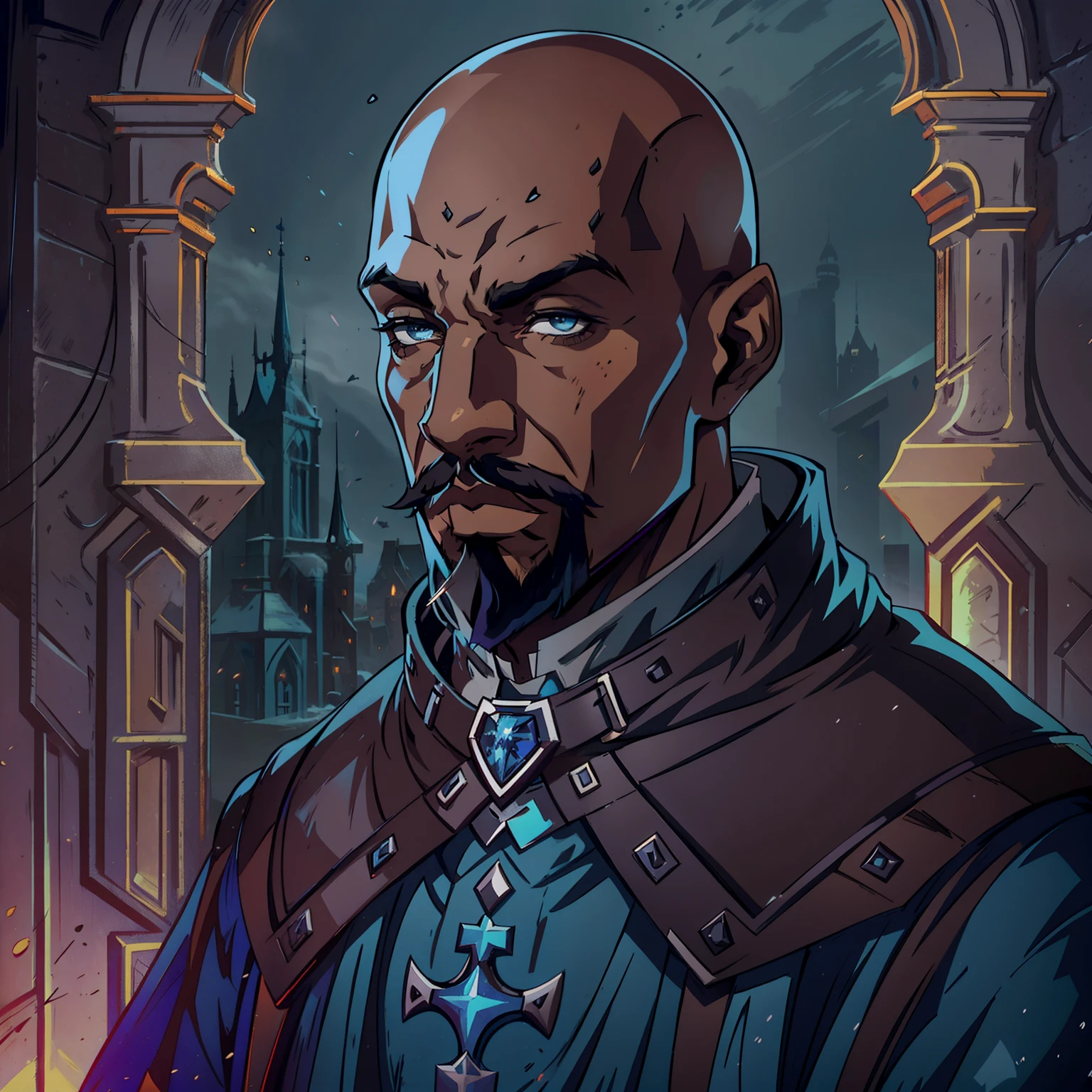 Patrick Stuart, Bald's Wizard, black man, bald, blue eyes, goatee, castle, RPG Character, medieval fantasy, close portrait