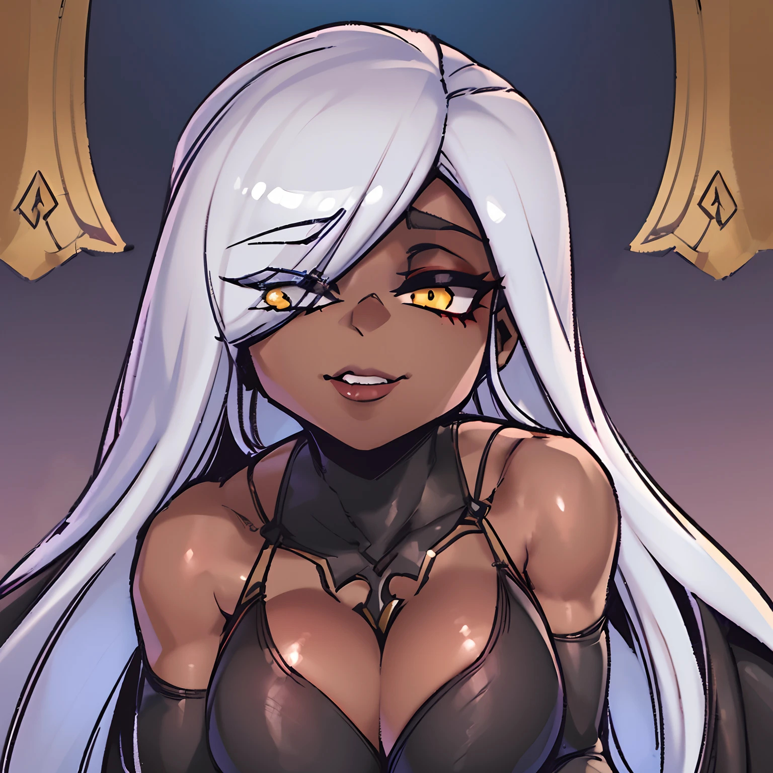 (best quality,4k,8k,highres,masterpiece:1.2), ultra-detailed, (realistic,photorealistic,photo-realistic:1.37), mature ebony-skinned female with long flowing silver hair, wearing a gilded form-fitting dress, curvy, thicc, has large black demon wings, has demonic horns, alluring gaze, very curvy, thick, soft looking