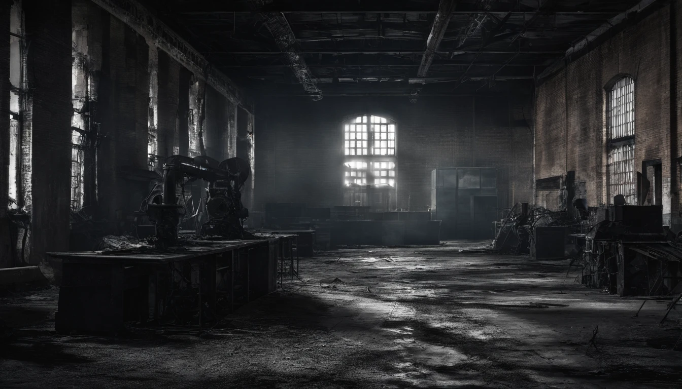 intern of an abandoned factory, industrial aesthetic, desolated, cold, dark.
