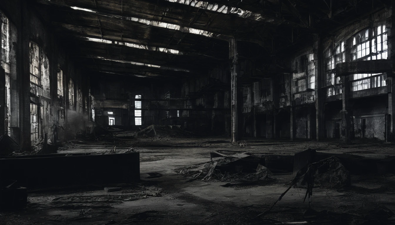 intern of an abandoned factory, industrial aesthetic, desolated, cold, dark.
