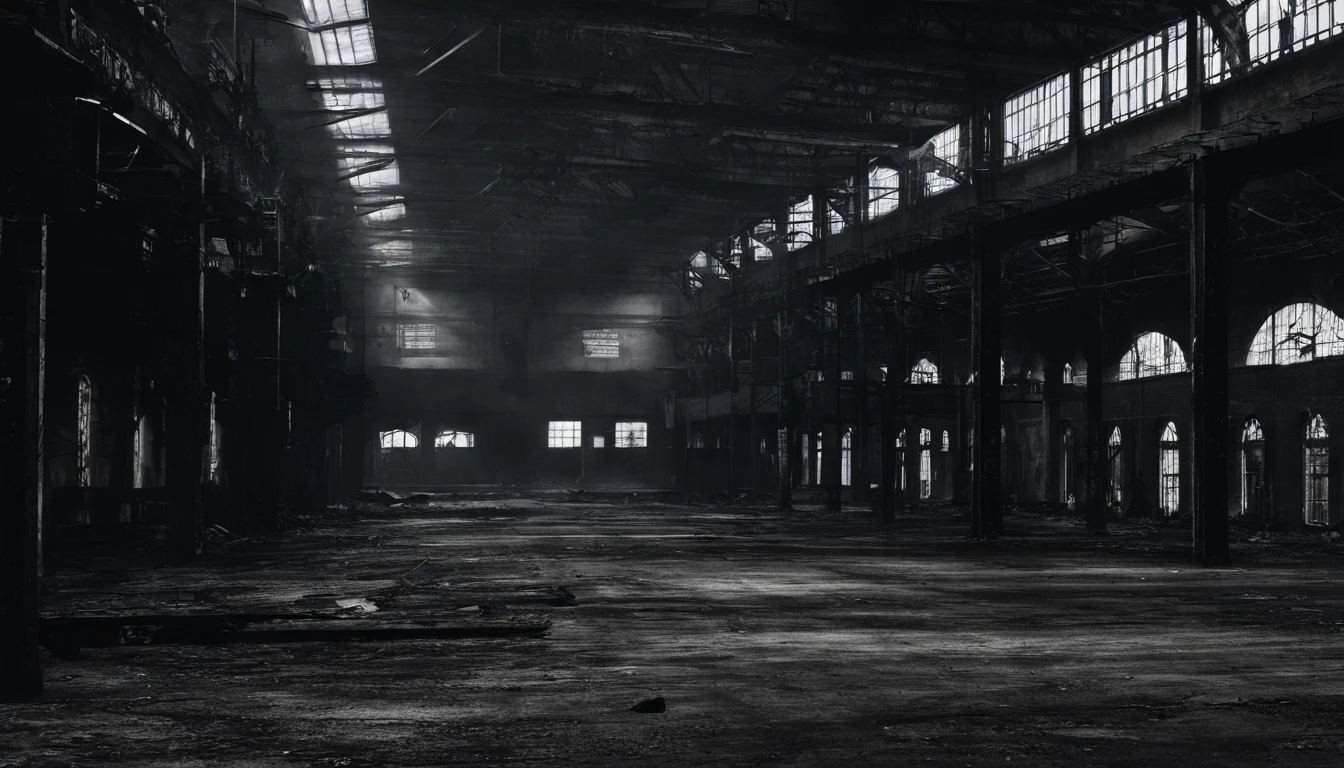 intern of an abandoned factory, industrial aesthetic, desolated, cold, dark.