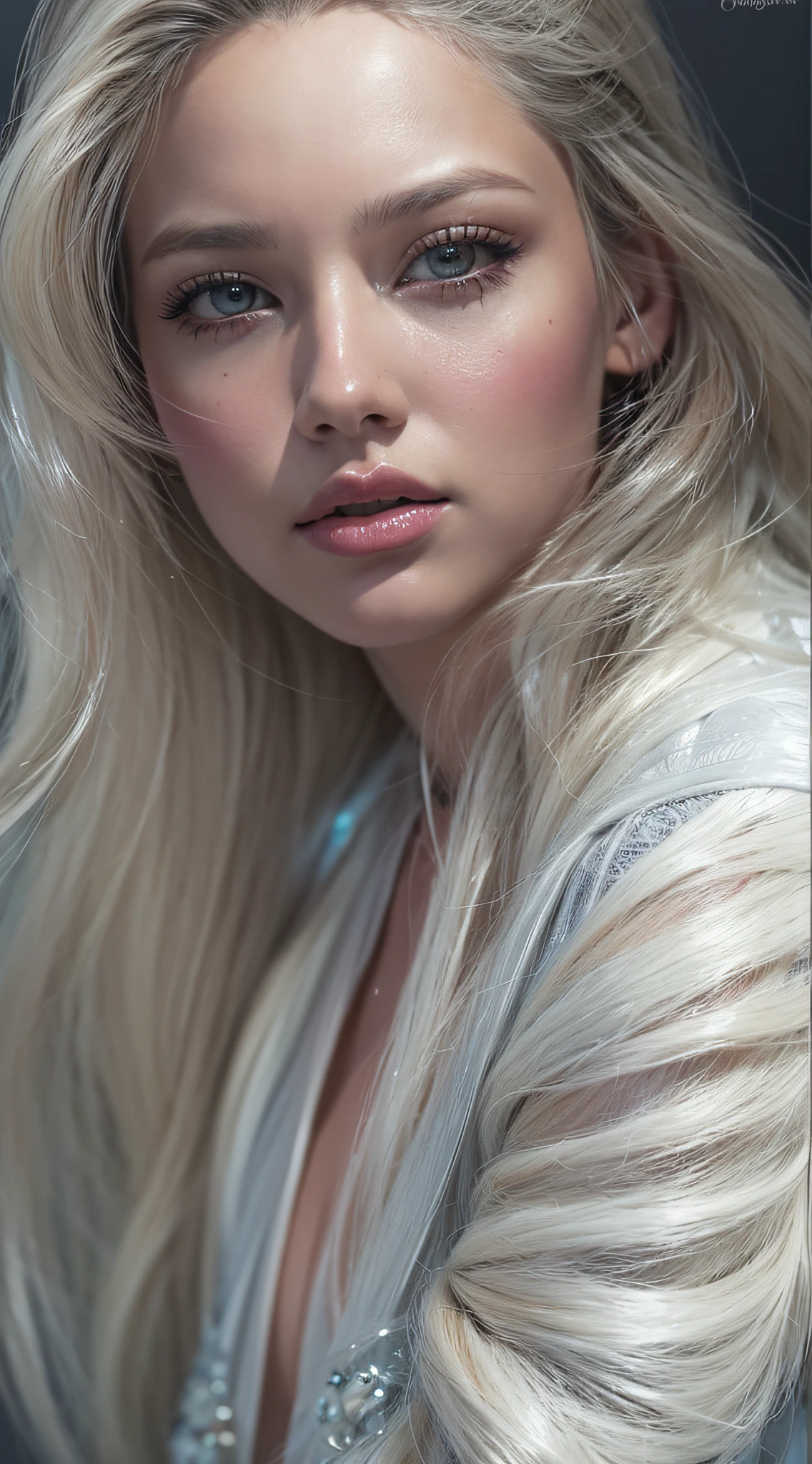Retrato de corpo inteiro de um lindo modelo mulher adulta com cabelo brancos curtos, usando uma roupa de couro branco, hyper realistic, illustration, trending on ArtStation, disco Rigido, 4k, 8k, anatomia detalhada intrincada, design de personagens, Por James Gurney e Tom Bagshaw