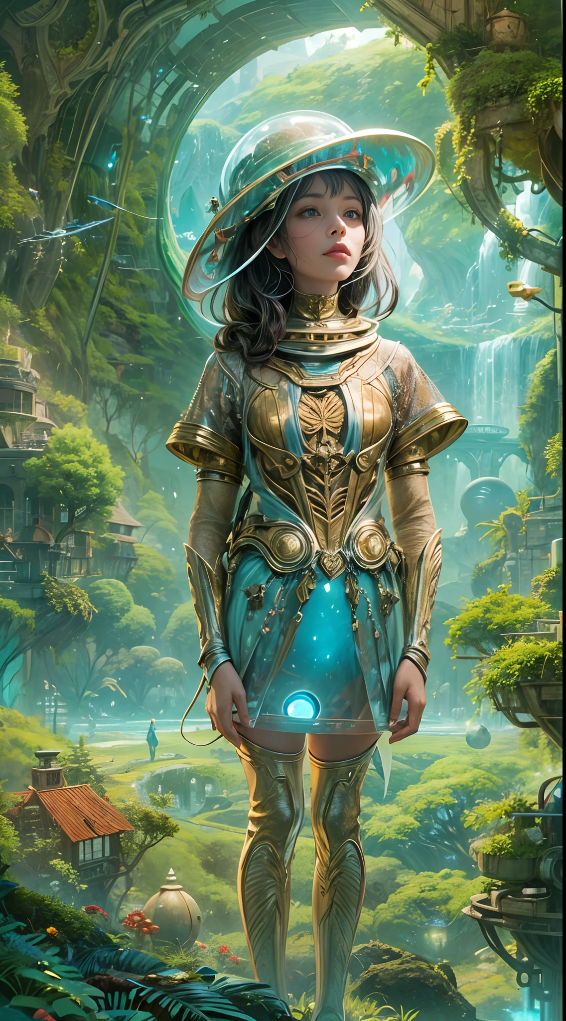 "A young girl with a sense of wonder explores an alien planet with vibrant chrome vegetation. The surreal landscape and flora create a stunning juxtaposition in a space-age paradise.