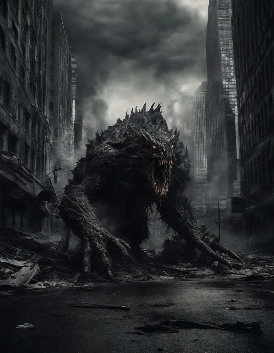 Photography of a colossal, rampaging monster wreaking havoc in a bustling city center. Towering skyscrapers crumble under its massive claws, while panicked crowds flee in terror. The monster's rough, scaly skin ripples with every movement, and its thunderous roars echo through the chaos. The composition is a wide shot, conveying the scale of destruction and the overwhelming power of the creature. The lighting is dynamic, with explosions and fires illuminating the scene, creating a sense of urgency and danger. This photograph captures the catastrophic force and unstoppable fury of a monstrous being unleashed upon an urban landscape
