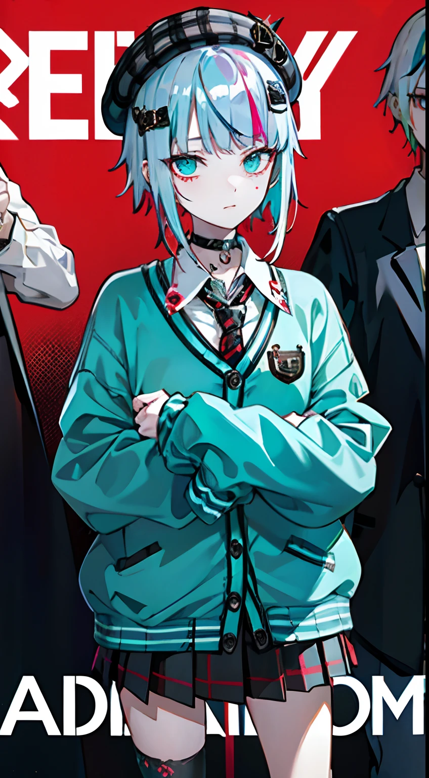 top-quality, tmasterpiece, 1girl in, 独奏, Red gradient striped hair, short-hair, whaite hair, lilith(Vaka), black beret, Plaid skirts, choker necklace, Cyan sweater jacket, Shirt with collar, Black plaid tie, sleeves past fingers, bluntbangs(((Dramatic)))、(((grittiness)))、(((vehement))))The poster of the film appears as a central character。She is shy in the center of the poster、Wearing an idol costume、Has a determined look。The background is dark and rough、I feel like I'm drunk。Text is bold and eye-catching、Catchy slogans add to the overall drama and excitement。The color palette is dominated by dark colors.、Bright colors dotted、Make your poster dynamic and visually impactful、Tarch-Angstrom(Magazines:1.3)、(Cover-style:1.3)、独奏, Red gradient striped hair, short-hair, whaite hair, lilith(Vaka), black beret, Plaid skirts, choker necklace, Cyan sweater jacket, Shirt with collar, Black plaid tie, sleeves past fingers, bluntbangs、Fashionab、with a vibrant、garments、lewd poses、frontage、extremely colorful、Dynamic、Background with、element、self-assured、Expressing the、ngel、statement、Attachment、A majestic、CW、enviroment、Touch、The scene、Texting、covers、boldface、grab attention、titles、Fashionab、font、Catchy、titles、Large、grab attention、moderno、 Trendy、concentrating、Stylish、1 girl in,Tight skirts