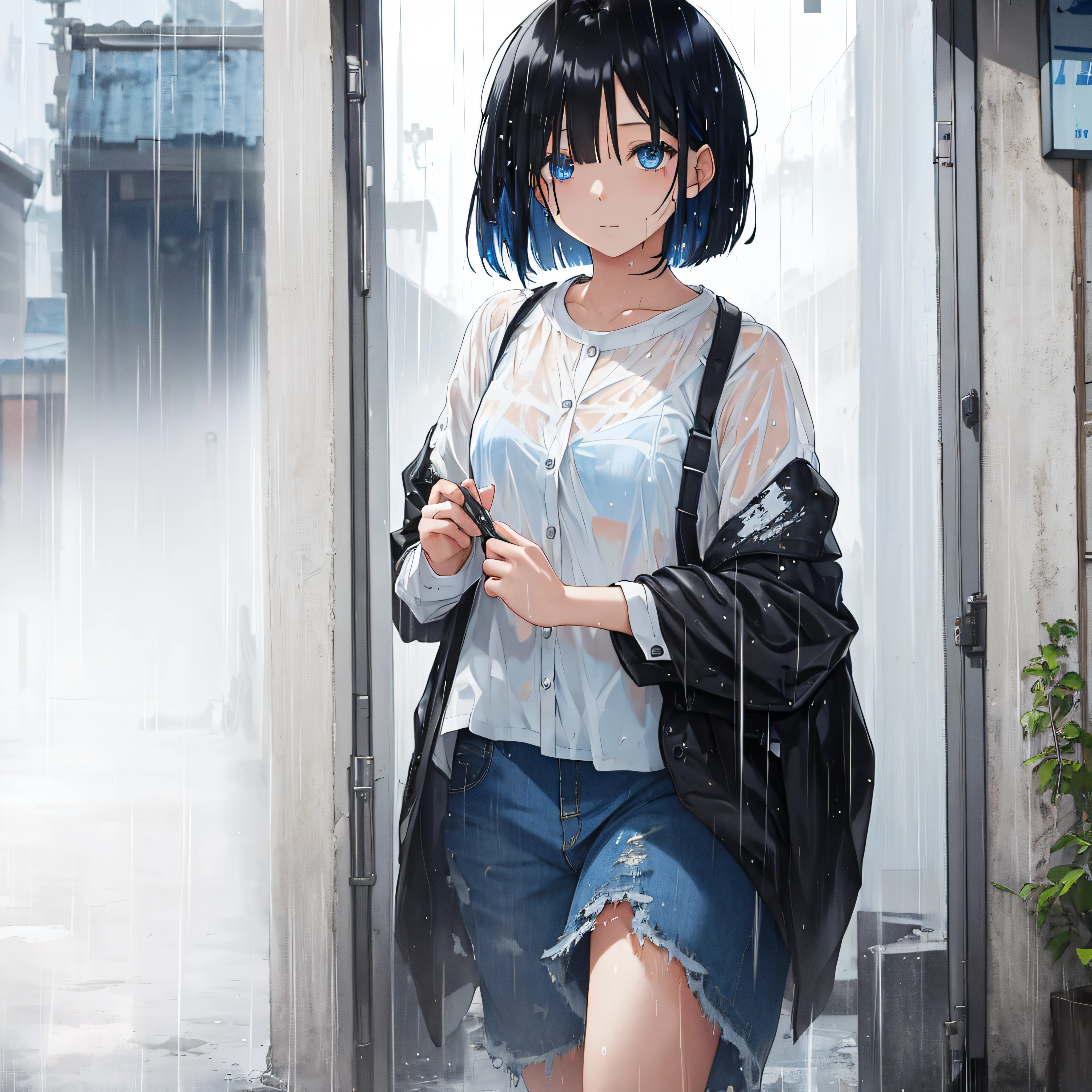 Woman evacuating in the rain、Black Medium Bob、Blue eyes、white  shirt、wet​、Tattered hut、top-quality