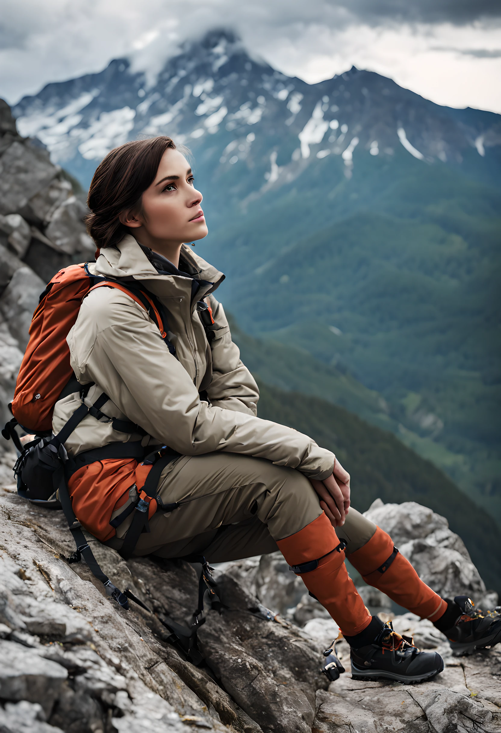 Sure, here's a description of the scene featuring a girl in mountaineering attire at the summit of a mountain, gazing into the distance