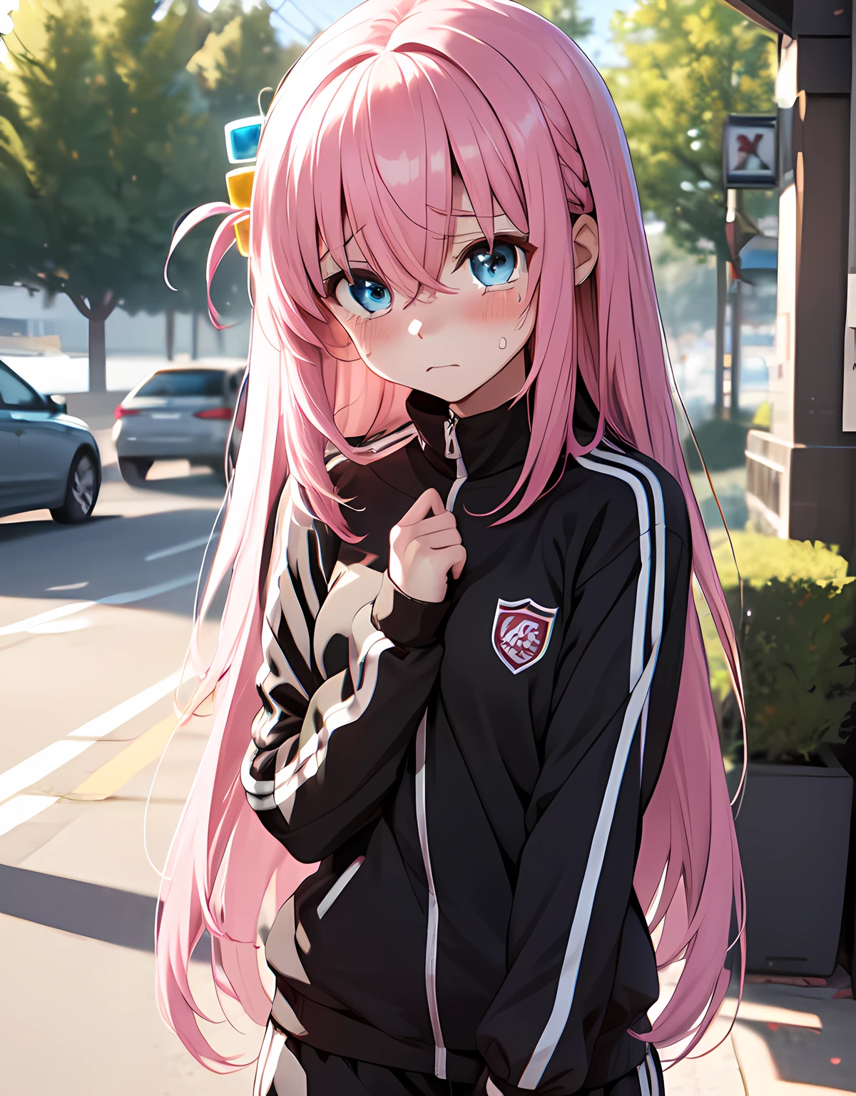 (masterpiece), 1girl, pixel, hitori gotou, blue eyes, cube hair ornament, hair between eyes, hair ornament, pink hair, one side up, long hair, tracksuit, black tracksuit, cry, sad, sad face, blush, shy, crying, outdoors