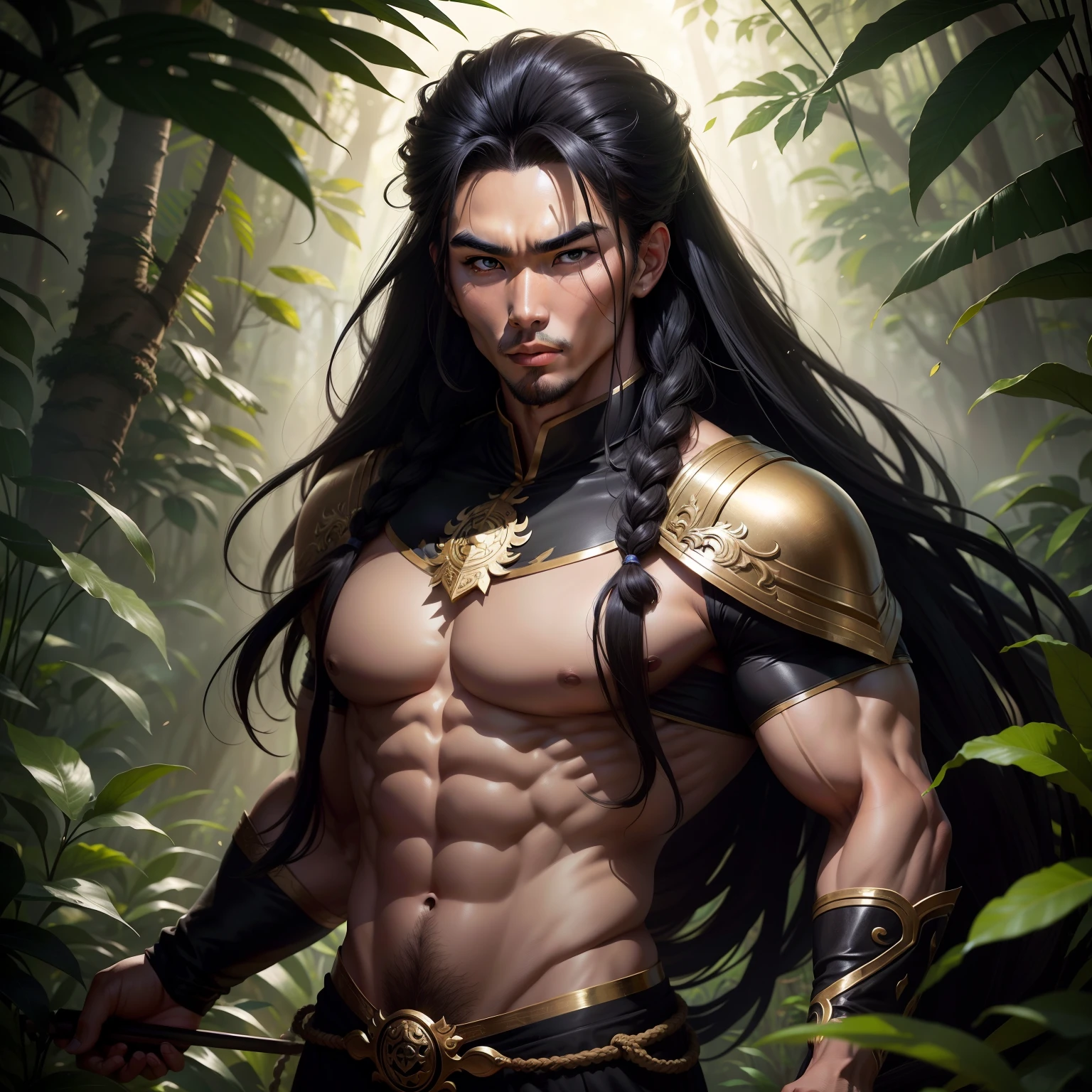 Robust, majestic, eyes as bright as stars, big eyebrows, broad chest, strong muscles, 8 feet tall, Asian, long hair flowing in front, dark skin, jungle background, black old outfit, Viet Nam style
