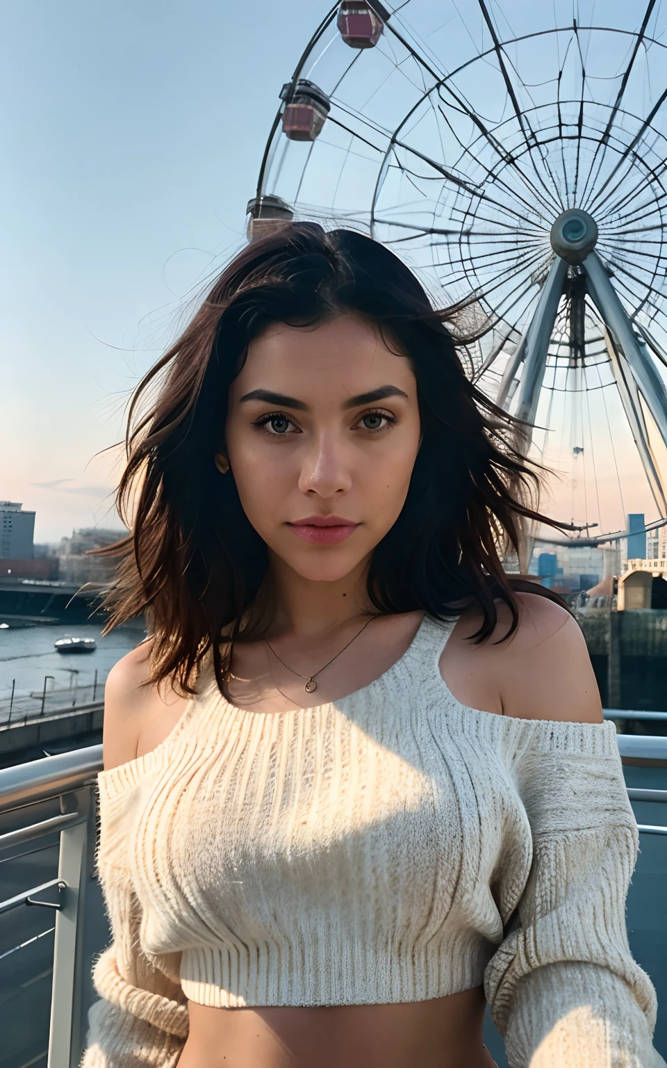photorealistic, best quality, hyper detailed, beautiful woman, selfie photo, upper body, solo, wearing a croptop, sweater, Ferris wheel, analog style, looking at viewer, skin texture, film grain, close up, ultra high res, best shadow, RAW, instagram LUT