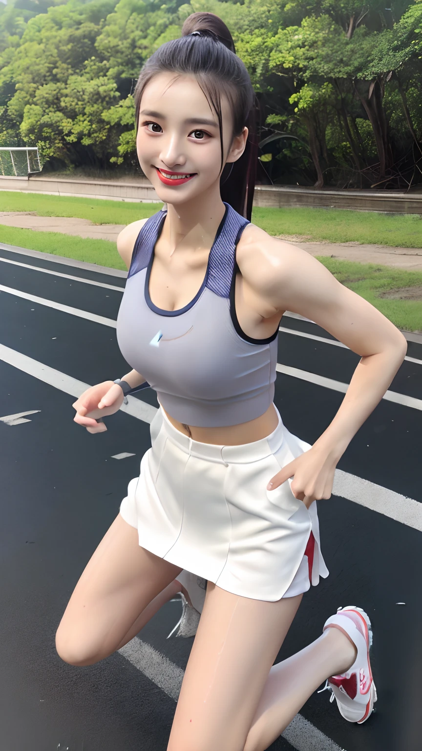 Female Athletes, ((masterpiece, Highest quality, Best image quality, High resolution, Realistic, RAW Photos, 8K)), ((非常に詳細な CG 統合 8K 壁紙)), (Huge and stunning goddess shot, Very hot and sexy, Incredible beauty, Perfect proportions, Beautiful body, Slim body beauty:1.4), Female Athletes on the track, スポーツブラを着用したFemale Athletes, trunks, shoes, Sweaty, White running sweatshirt, Outdoor, On a very hot day, Keep your hands on your hips、stand with feet apart, Look up at the sky, From behind, Amidst enthusiasm and cheers, With the right hands and fingers, Detailed skin and sweat,Showing off pussy、With bangs