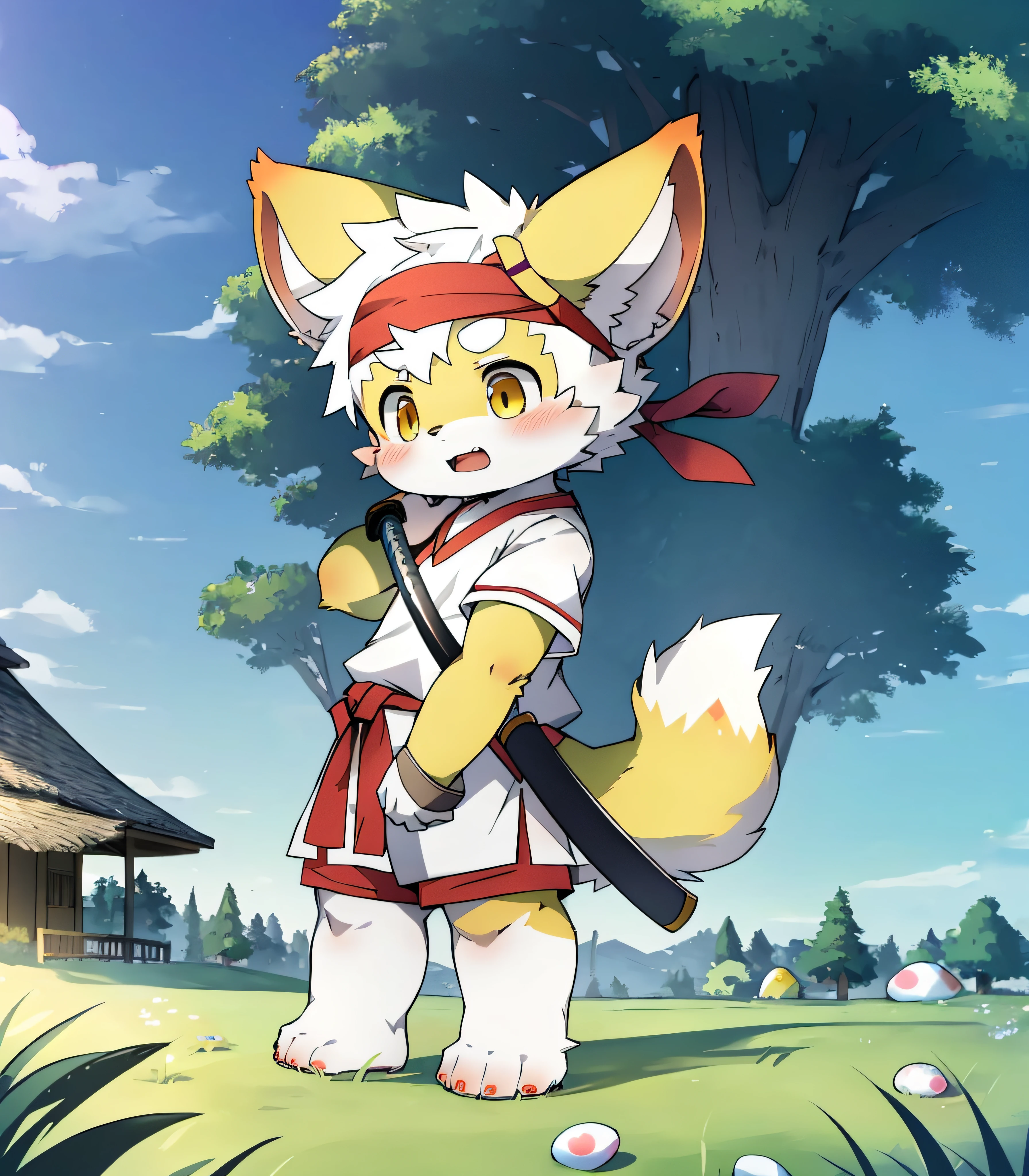 Egg yellow fur,Egg yellow fur,Egg yellow skin,Beast too,Orc little boy,grassy fields,lawns,standing on your feet,Attention,blue-sky,shaggy,shaggy,Egg yellow fur,Egg yellow fur,Egg yellow fur,Egg-yellow fur,male people,canid,adolable,adolable,adolable,solo person,White fur,Golden eyes,Thick eyebrows,Fluffy tail,white short sleeve,short white pants,ultra - detailed:1.0,Libido boy,toddlers,toddlers,toddlers,Children,children's,Gamine,Beast too,Beast too,Beast too,adolable,adolable,younge boy(Via Dagasi:1.1),anatomy correct,Barefoot clawed,Barefoot paws,standing on your feet,Attention,bald-headed,bald-headed,balding,balding,Egg-yellow paws,Stand on the lawn,standing in grassy field,Stand on the lawn,black sash,Red headband,Blood,A child with a katana in his hand,A child with a serious expression,Egg-yellow fur