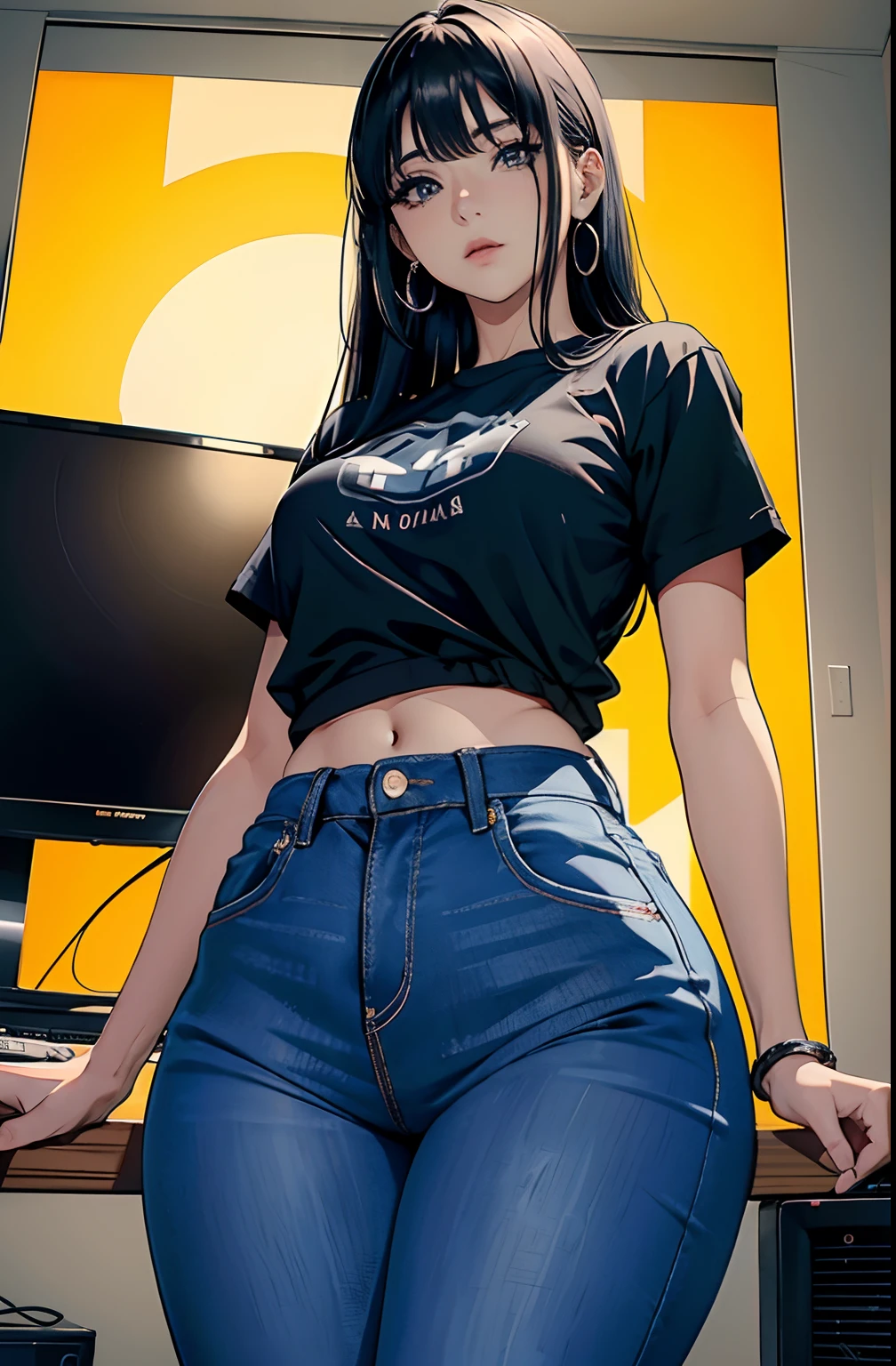 (Hinata Hyuga, muito sensual, com roupas apertadas, bunda grande, pernas grossas, Wearing extremely tight jeans, usando uma mini blusa, umbigo com pirsing, cabelo grande, Speaker behind, muito realista, extremamente sexy, 8k, 8k extremamente detalhado), (um extremamente delicado e bonito), (obra-prima), (melhor qualidade: 1.0), (ultra highres:1.0)
