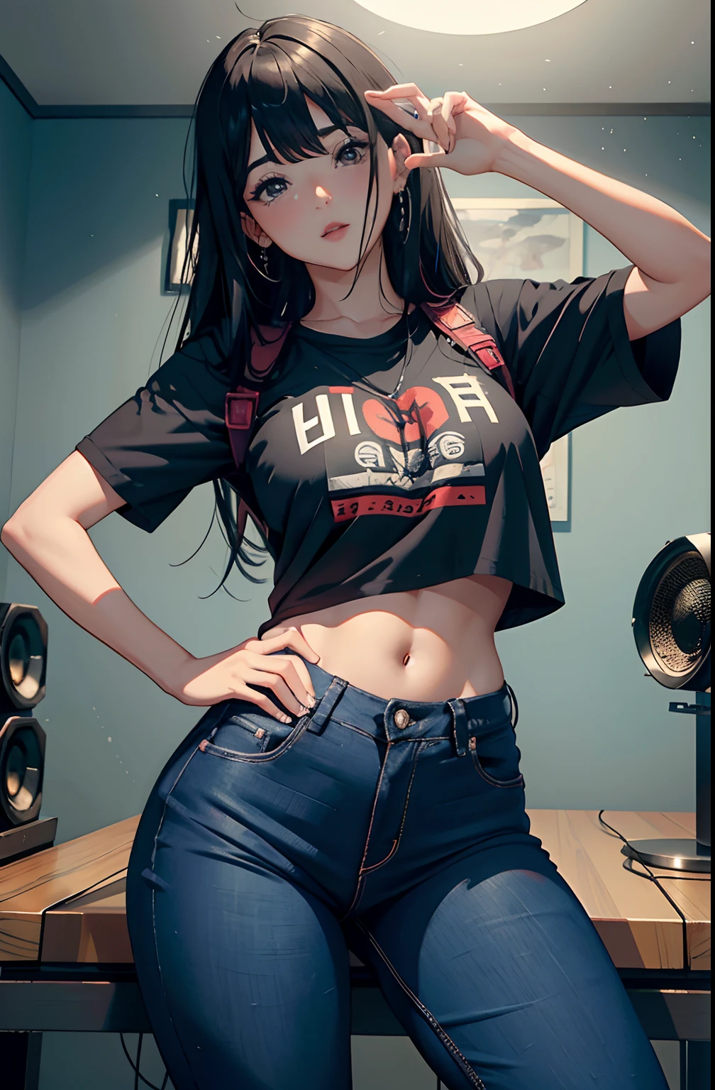 (Hinata Hyuga, muito sensual, com roupas apertadas, bunda grande, pernas grossas, Wearing extremely tight jeans, usando uma mini blusa, umbigo com pirsing, cabelo grande, Speaker behind, muito realista, extremamente sexy, 8k, 8k extremamente detalhado), (um extremamente delicado e bonito), (obra-prima), (melhor qualidade: 1.0), (ultra highres:1.0)