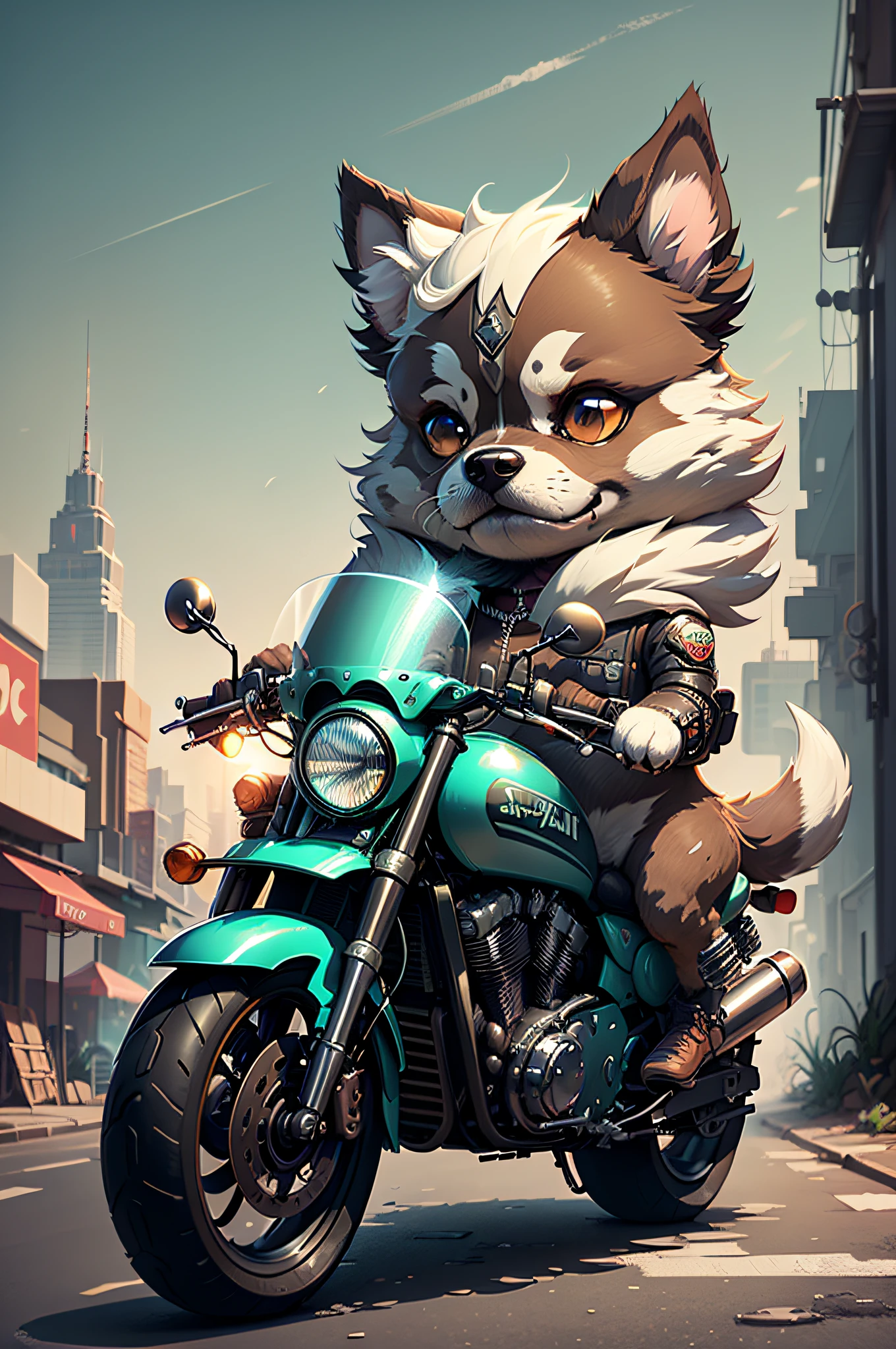 C4tt4stic,Cartoon Papillon dog drives a large motorcycle cyberpunk