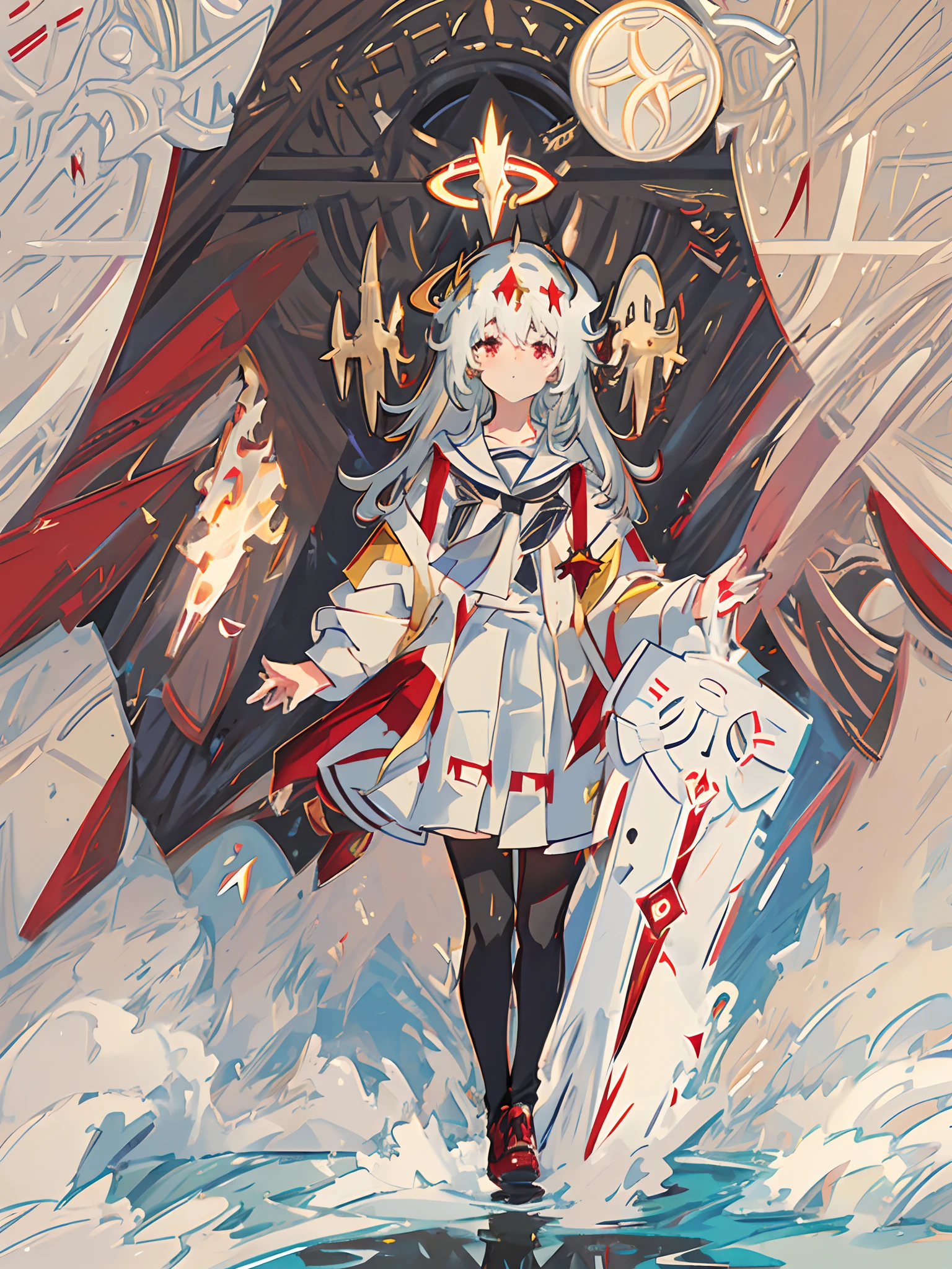 ((4K,Masterpiece,Best quality)),Black skin,whaite hair,Heterochromic pupils,Red eyes,Golden pupils,female high-school student,adolable,The sense of sacredness,The halo,Halo,holy rays