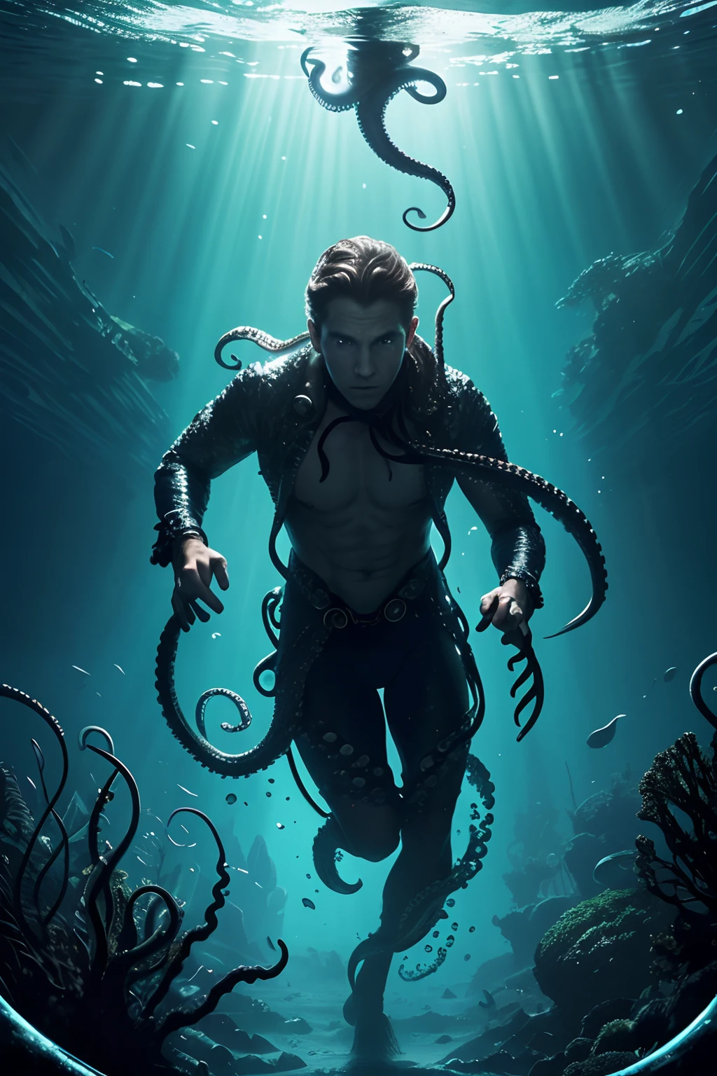 Design a movie poster featuring an underwater magician, part-human, part-octopus, performing tricks with bubbles and seaweed in a mystical aquatic world, dramatic effect, dramatic lighting,