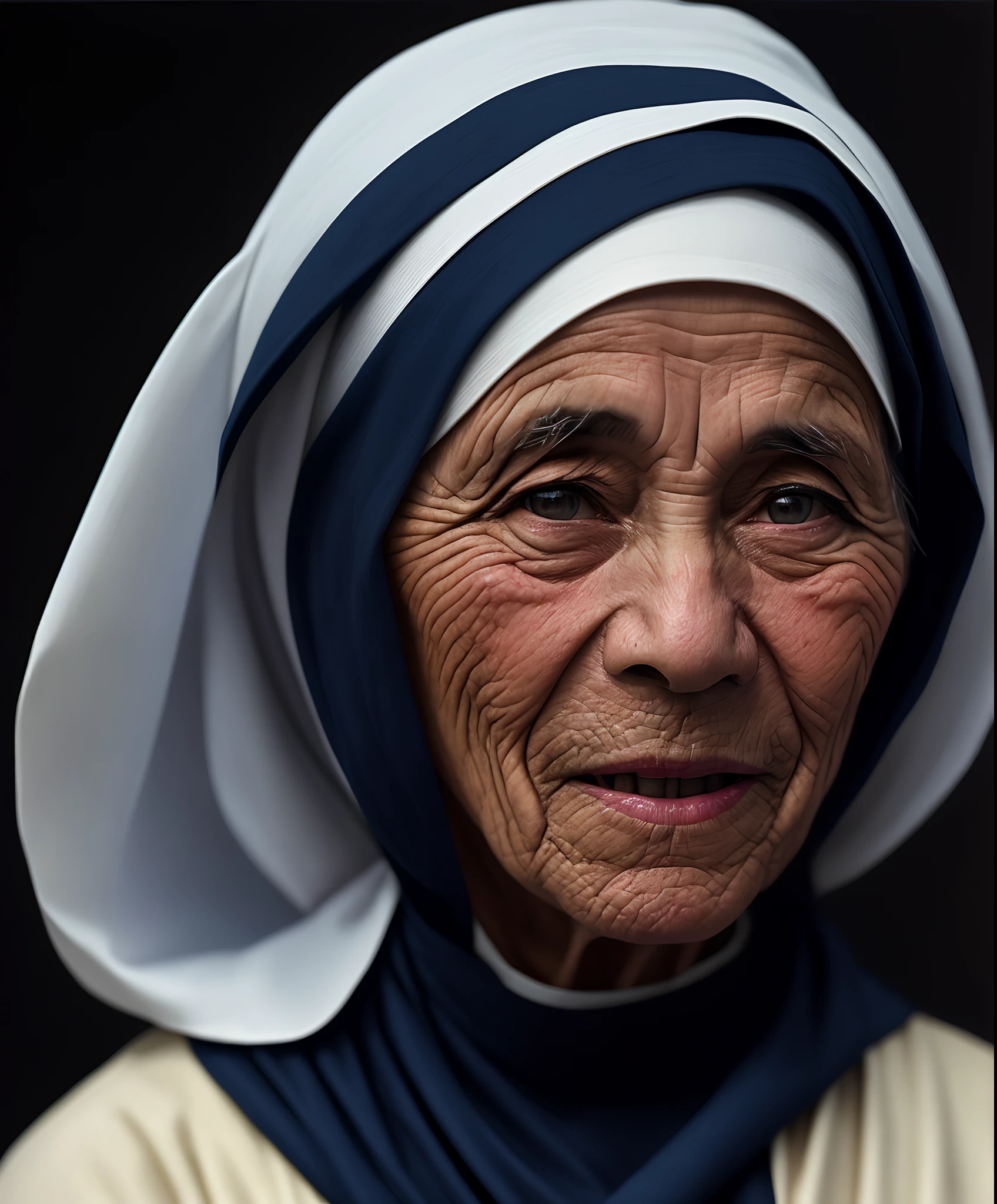Describe an intricate image of Mother Teresa of Calcutta. In this detailed representation, Highlight the features of the face, The folds of your habit, the meticulous standards of his dress and the gentle eyes that radiate compassion. Try to capture the complexity of his expression and the serenity of his presence, showing the details that reveal your dedication to helping those in need.