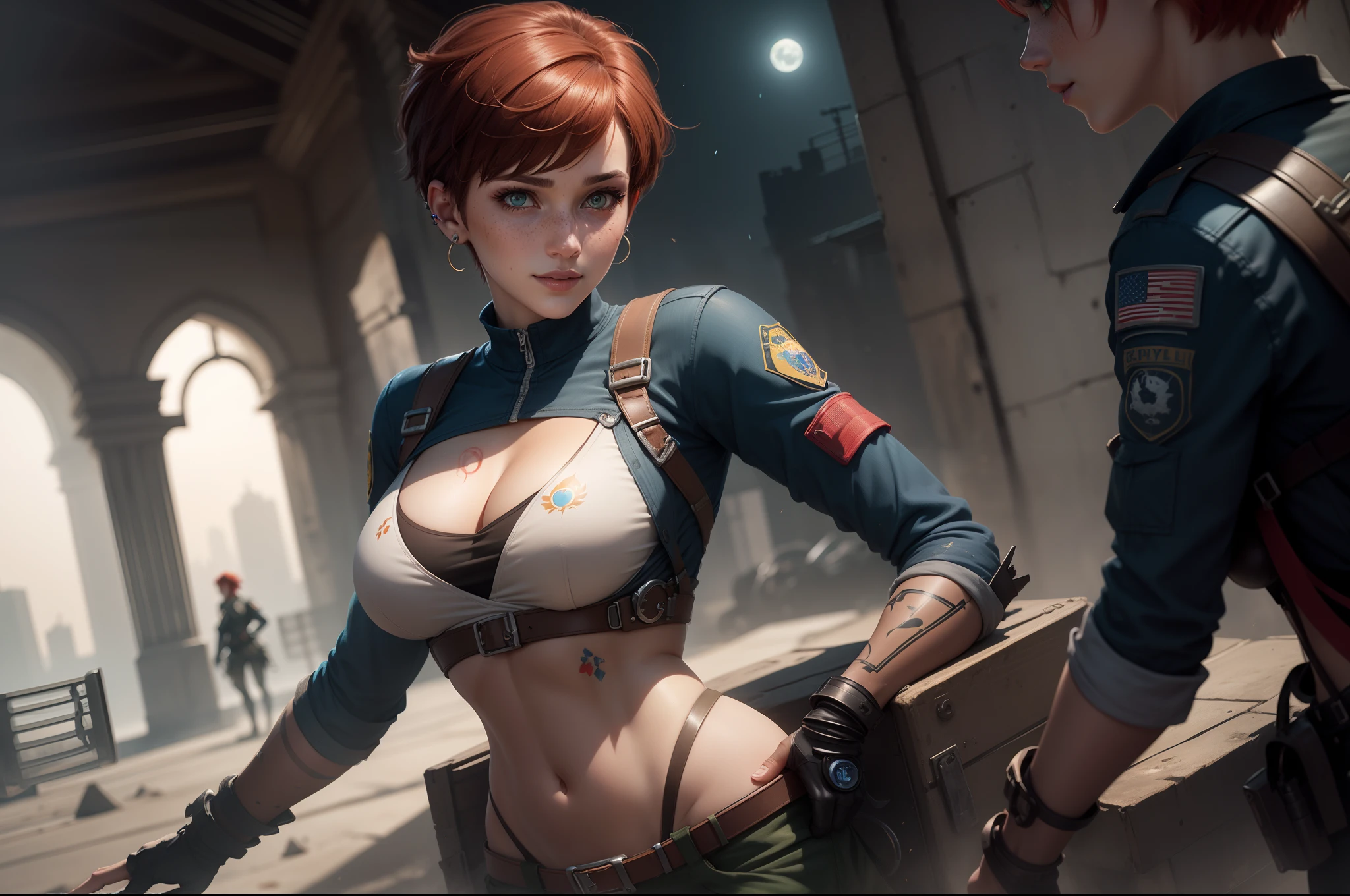 gwen tennyson,tracer,jill valentine, rebecca chambers,overwatch,resident evil,close up,mecha pilot,body paint, haunted mansion,tattoos,blue and gray plugsuit,white short sleeve silk top,steel cargo pants,uncovered belly, short hair,cute makeup,green eyes, red and gold hair,shy smile,freckles, redhead,beautiful girl,large breasts, ultra detailed,realistic,fantasy art, military uniform,steel armor,monster lab,moonlight,police uniform,pilot jacket,ear piercings,hair pin,wet body, solo girl,1girl,