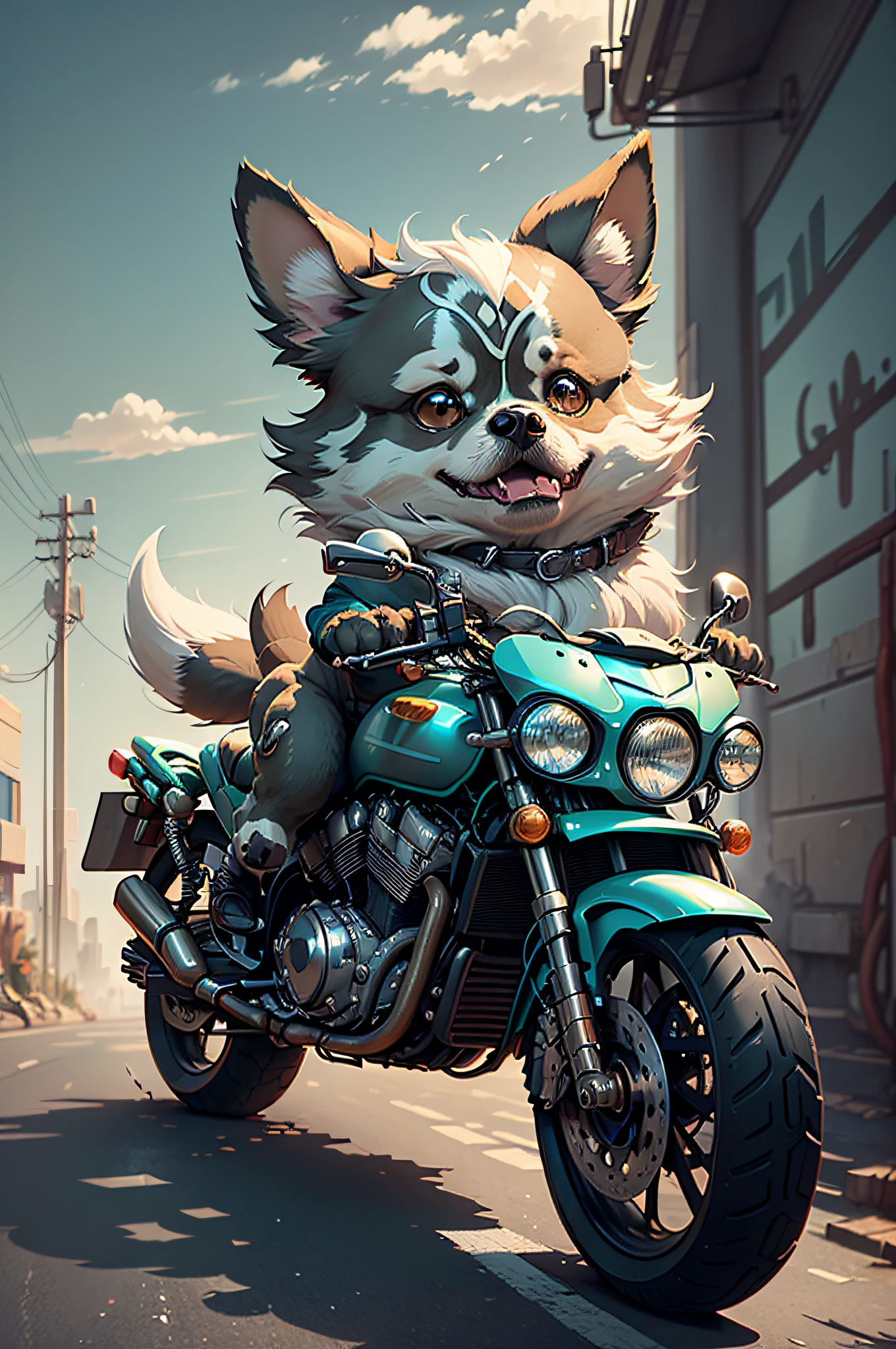 C4tt4stic,Cartoon Papillon dog drives a large motorcycle cyberpunk