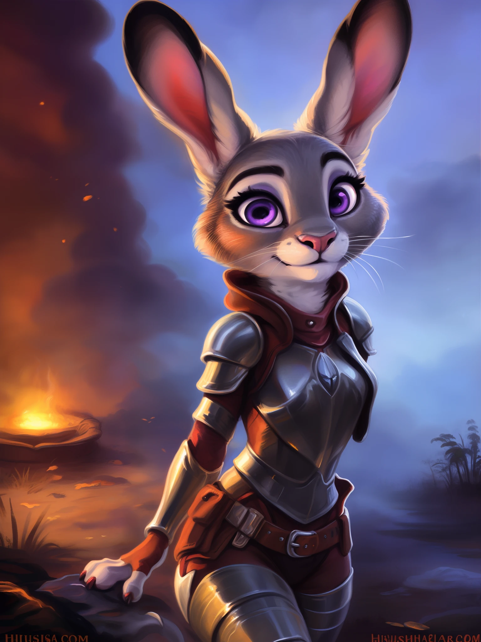 (8k, best quality, masterpiece), (by hioshiru and kenket and dimwitdog, Michael &amp; Zaush, Inessa Garmash, Ruan Jia, Pino Daeni, Chunie), Disney, Zootopia, Judy Hopps as a knight paladin, anthro bunny, steel armor, female, purple eyes, sensual, beautiful and feminine, attractive look, dramatic, cinematic lighting, trending on artstation, solo