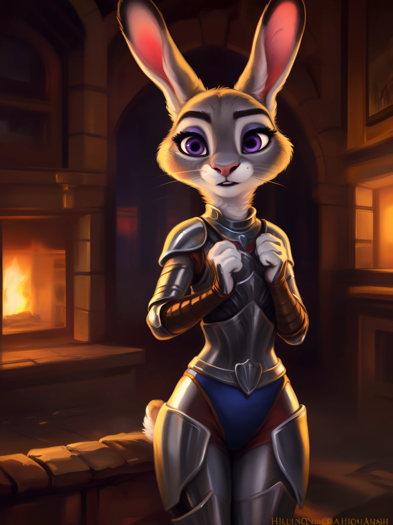 (8k, best quality, masterpiece), (by hioshiru and kenket and dimwitdog, Michael &amp; Zaush, Inessa Garmash, Ruan Jia, Pino Daeni, Chunie), Disney, Zootopia, Judy Hopps as a knight paladin, anthro bunny, steel armor, female, purple eyes, sensual, beautiful and feminine, attractive look, dramatic, cinematic lighting, trending on artstation, solo