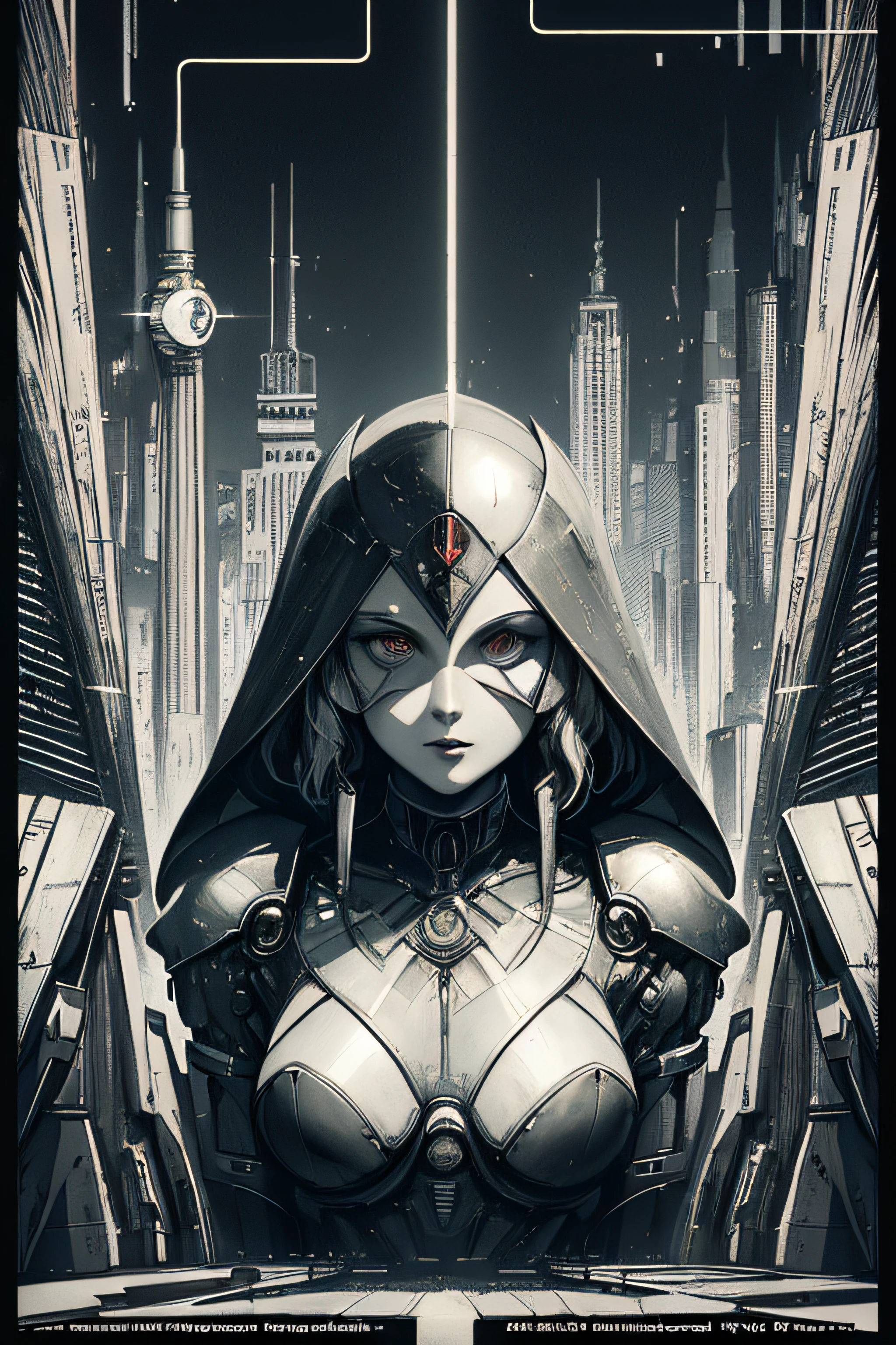 (Masterpiece, Best Quality), 8k Wallpaper, highly detailed, poster, Metropolis, Maria Robot, science fiction, German expressionist science-fiction silent film directed by Fritz Lang ,sexy, horror thriller cinematic movie poster, Bauhaus, shapes, lines, abstract, propaganda, movie poster, vintage, double exposure.