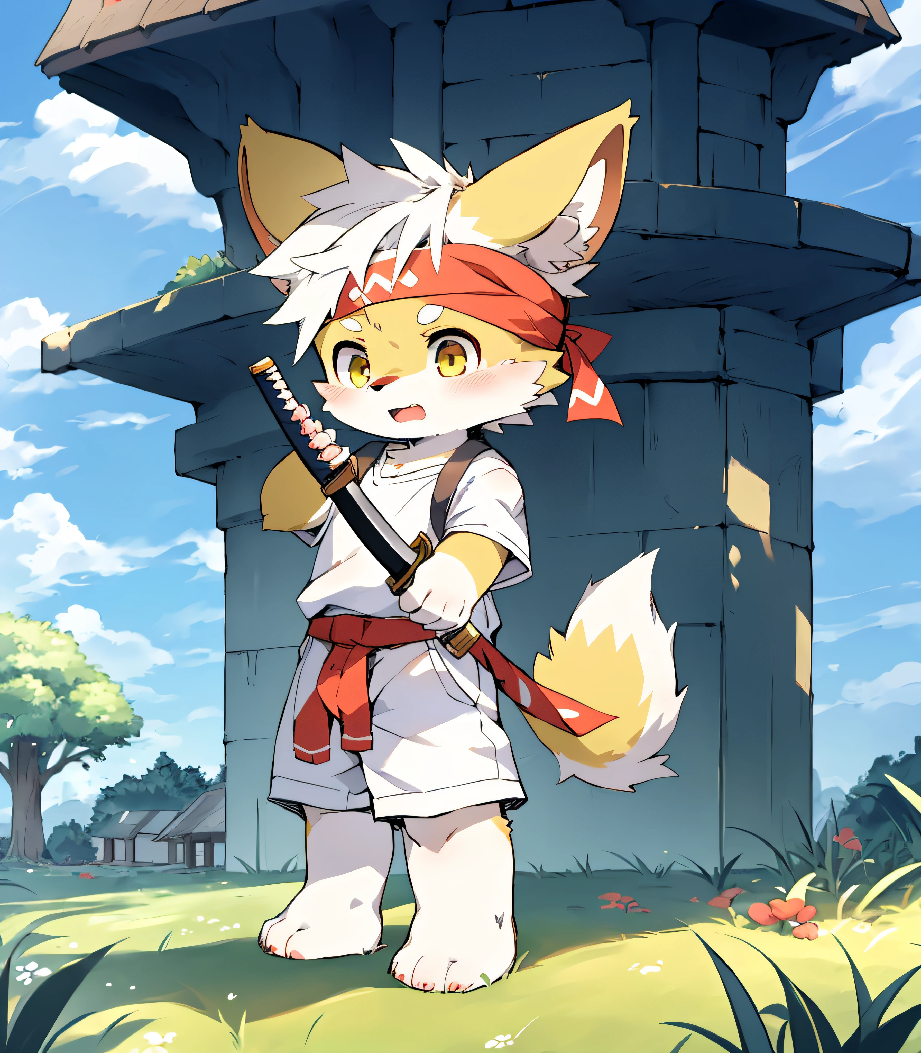 Dark yellow fur,Dark yellow fur,Dark yellow skin,Beast too,Orc boy,grassy fields,lawns,standing on your feet,Attention,blue-sky,shaggy,shaggy,Dark yellow fur,Dark yellow fur,Dark yellow fur,Dark yellow fur,male people,canid,adolable,adolable,adolable,solo person,White fur,Golden eyes,Thick eyebrows,Fluffy tail,white short sleeve,short white pants,ultra - detailed:1.0,Libido boy,toddle,toddlersoddlers,Cldren,children's,Gamine,Beast too,Beast too,Beast too,adolable,adolable,younge boy(Via Dagasi:1.1),anatomy correct,Barefoot clawed,Barefoot paws,standing on your feet,Attention,bald-headed,bald-headed,balding,balding,Dark yellow paws,Stand on the lawn,standing in grassy field,Stand on the lawn,red waistband,Red headband,Blood,A child with a katana in his hand,A child with a serious expression,Dark yellow fur