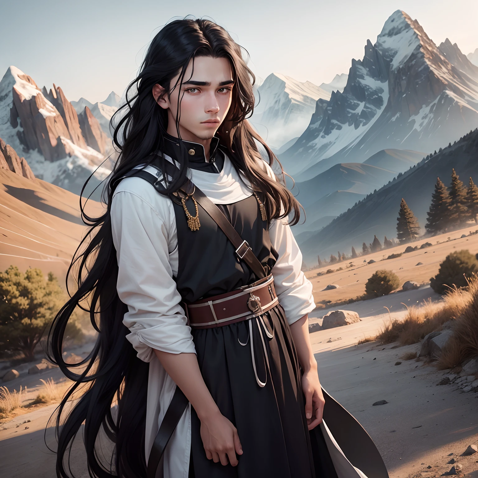 In the background are mountains, A young man, 18 years old named Men, black eyes, long hair, White, wearing a black tunic, Panic