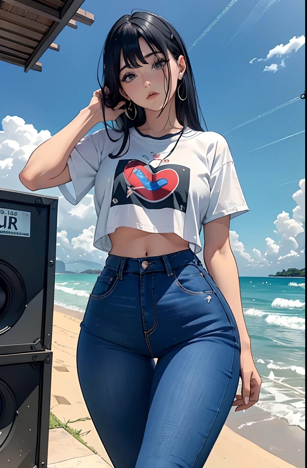 (Hinata Hyuga, muito sensual, com roupas apertadas, bunda grande, pernas grossas, Wearing extremely tight jeans, usando uma mini blusa, umbigo com pirsing, cabelo grande, Speaker behind, muito realista, extremamente sexy, 8k, 8k extremamente detalhado), (um extremamente delicado e bonito), (obra-prima), (melhor qualidade: 1.0), (ultra highres:1.0)