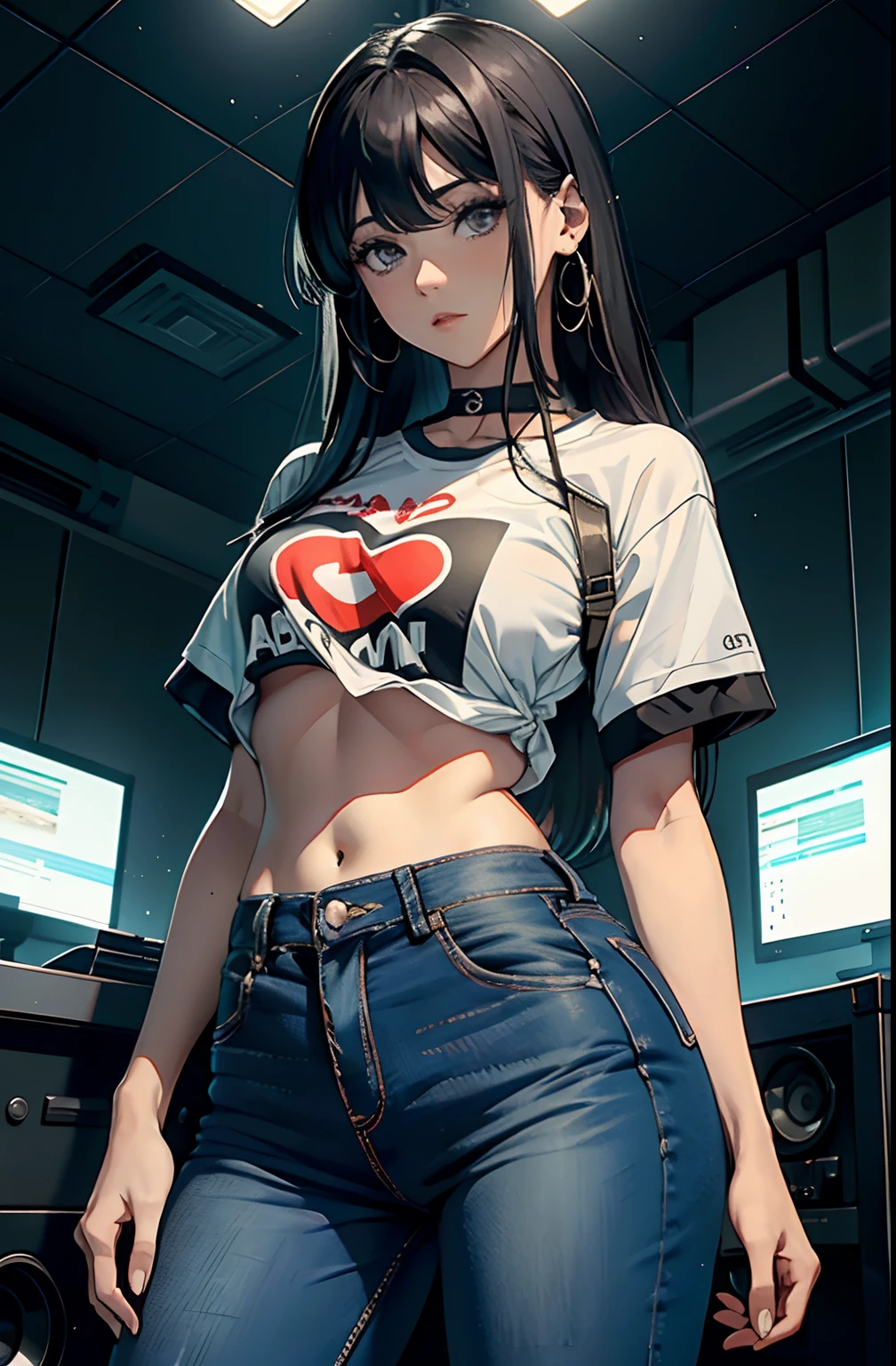 (Hinata Hyuga, muito sensual, com roupas apertadas, bunda grande, pernas grossas, Wearing extremely tight jeans, usando uma mini blusa, umbigo com pirsing, cabelo grande, Speaker behind, muito realista, extremamente sexy, 8k, 8k extremamente detalhado), (um extremamente delicado e bonito), (obra-prima), (melhor qualidade: 1.0), (ultra highres:1.0)