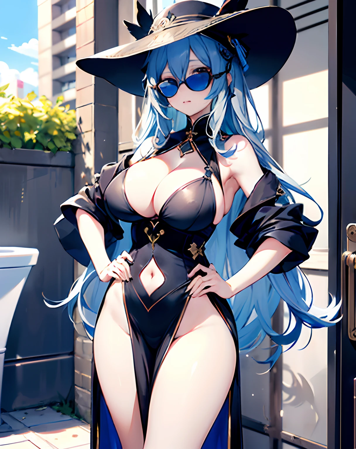 tmasterpiece,1 woman,独奏,long whitr hair,blue hairs,sun glasses,big breasts exposed cleavage:1.2,mob cap,Toilets,hand on hips,art,Big breasts,Beautiful breasts,cropped shoulders,pissing,Vaginal thrust by,Curiosity,Baked