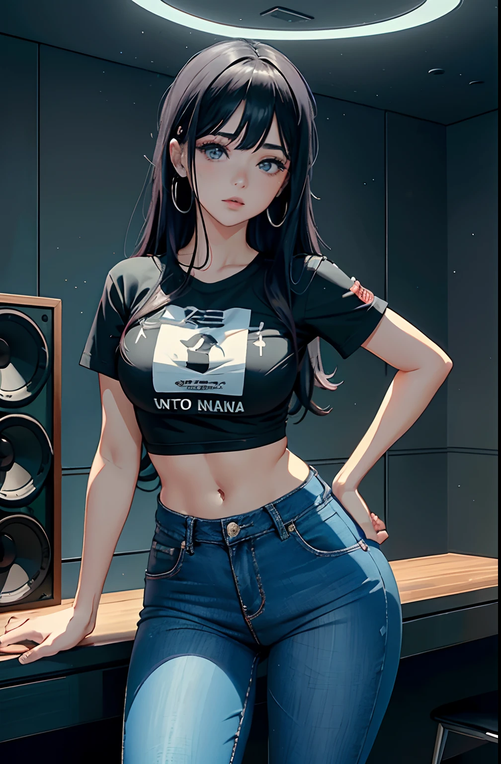 (Hinata Hyuga, muito sensual, com roupas apertadas, bunda grande, pernas grossas, Wearing extremely tight jeans, usando uma mini blusa, umbigo com pirsing, cabelo grande, Speaker behind, muito realista, extremamente sexy, 8k, 8k extremamente detalhado), (um extremamente delicado e bonito), (obra-prima), (melhor qualidade: 1.0), (ultra highres:1.0)