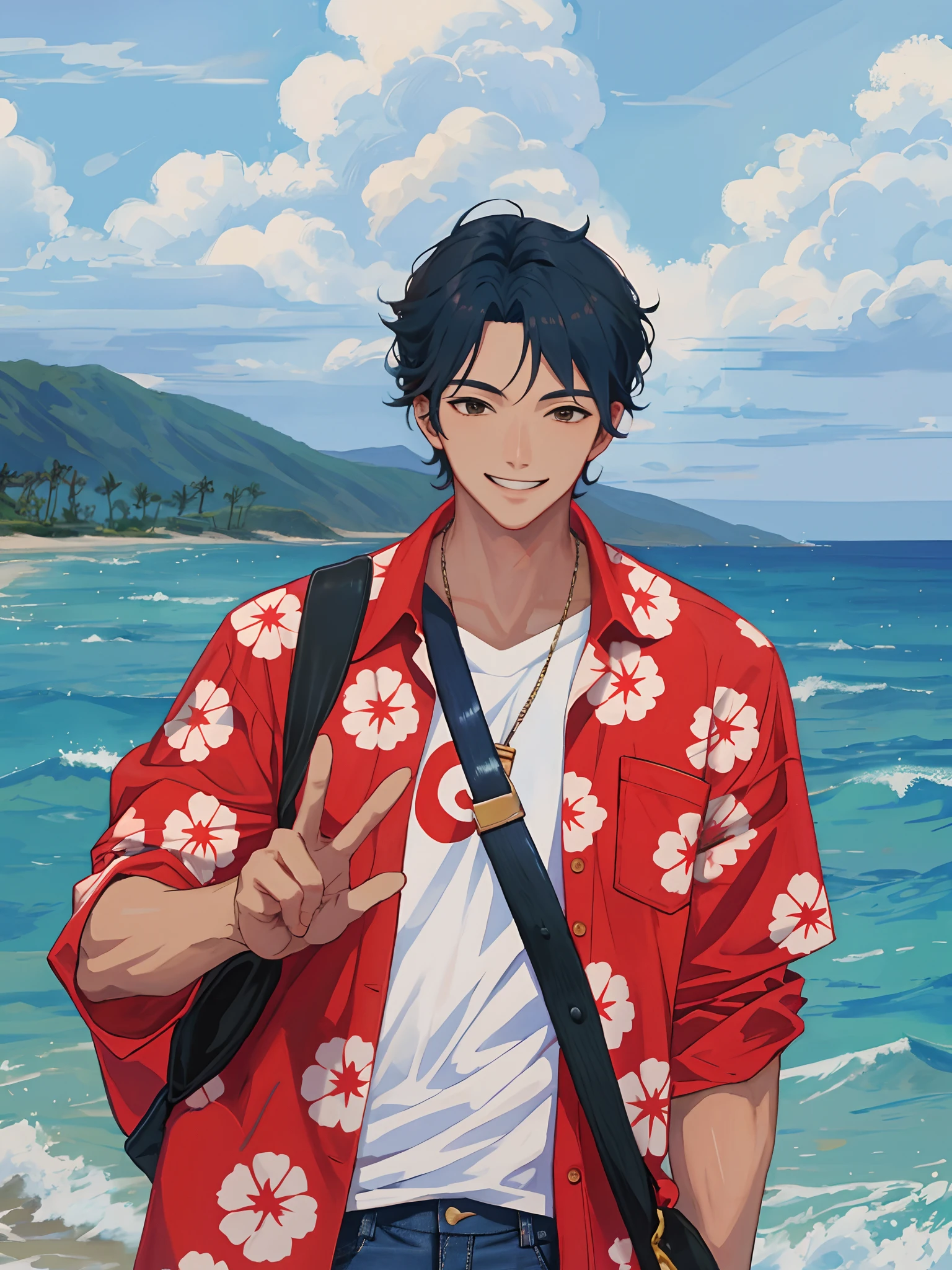 (Masterpiece, Bestquality) 1 Handsome anime boy doing a peace sign, smiling at the front of the viewer, Sky, Sea, clouds, Red Hawaiian Shirt, Jeans