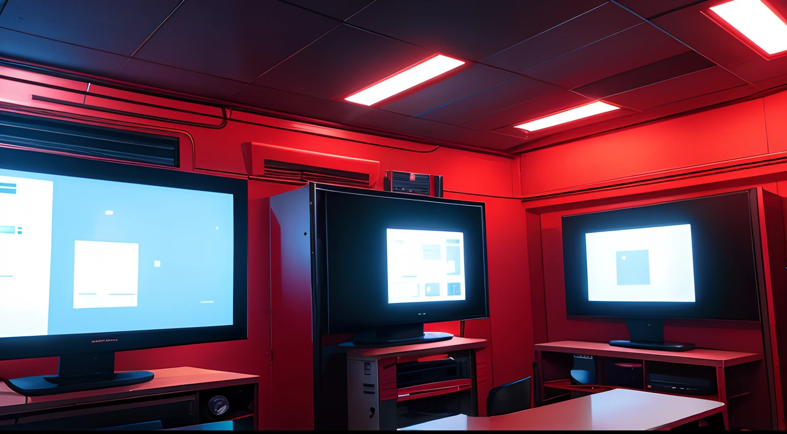 tv screen in red sci fi lab, night
