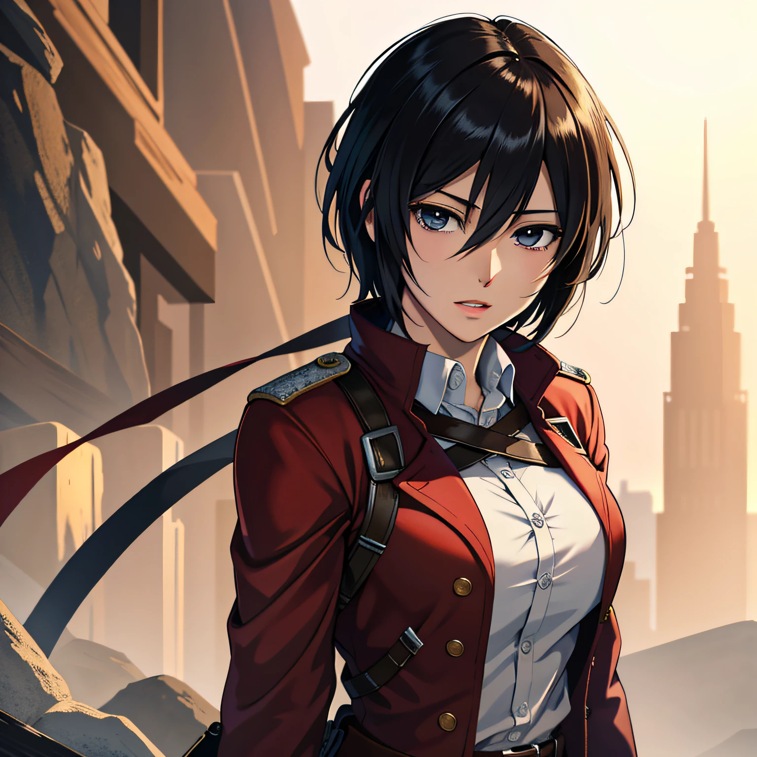 (masterpiece:1.2, best quality), photorealistic, (hyperrealistic:1.2), beautiful, Mikasa from AOT