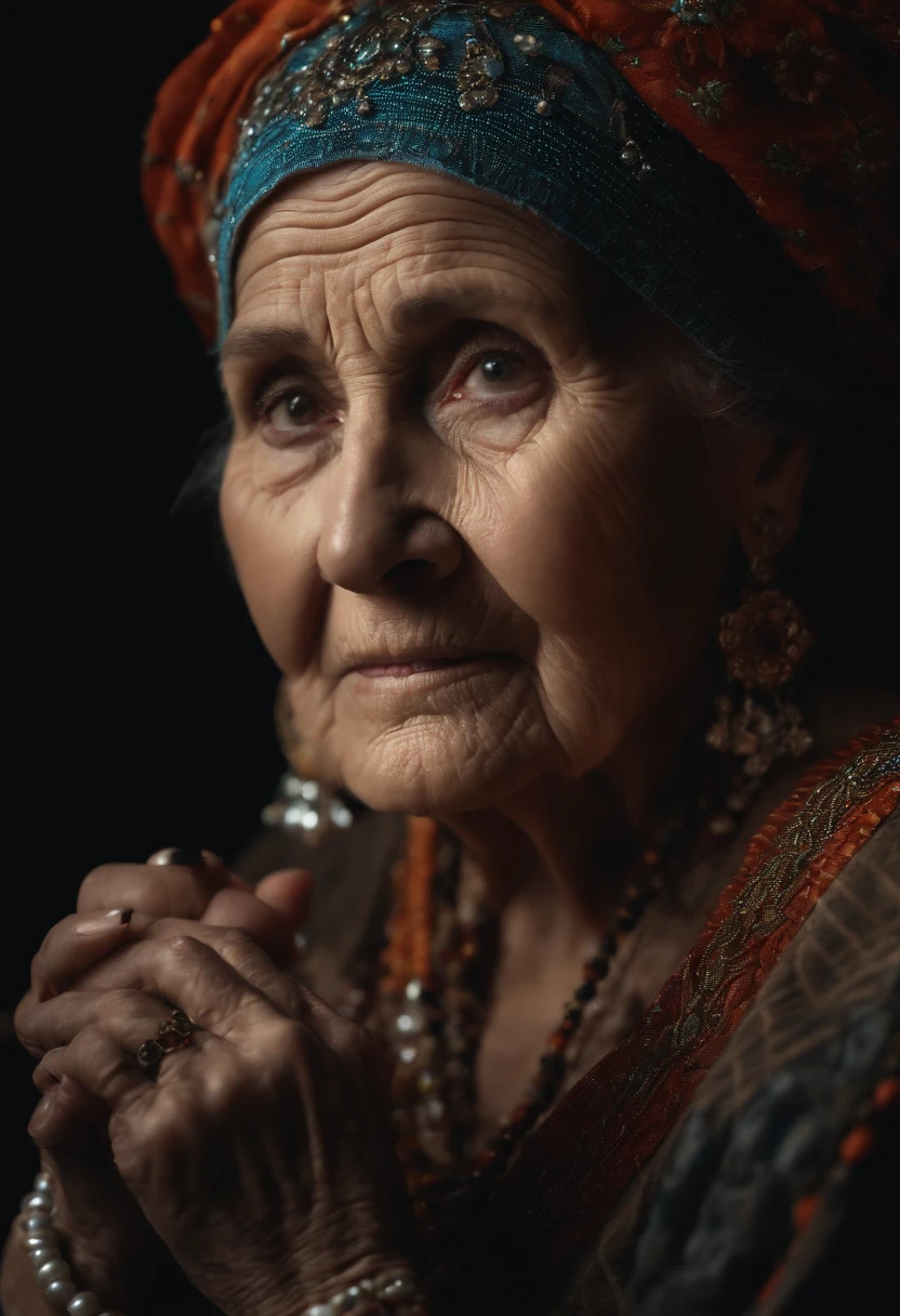 Elderly woman facing the front, fortune teller,Beaded Accessories, dry skin,dark backgrounds, Realistic, in 8K