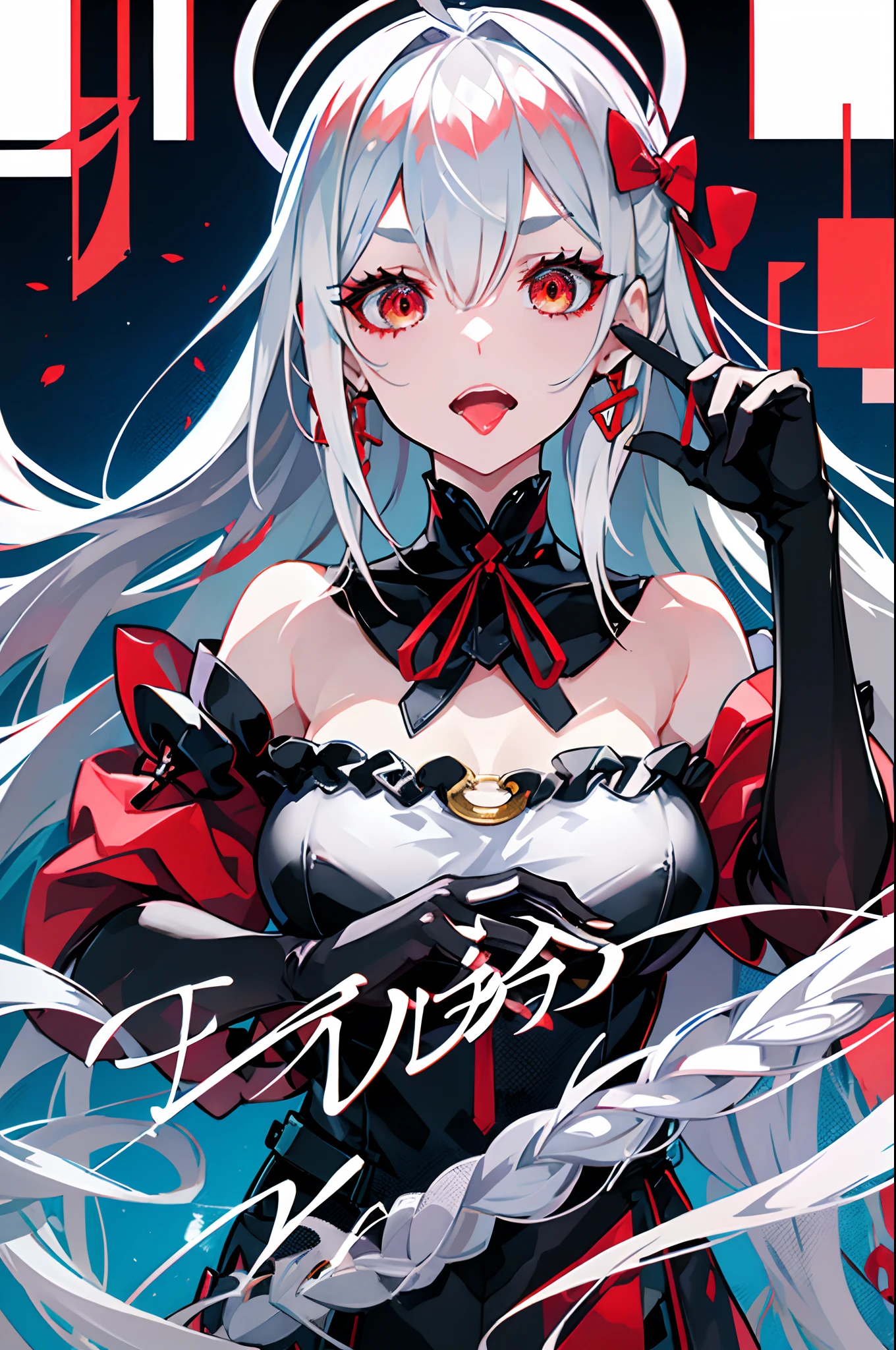 1girl,bishoujo,stare,red eyes,beautiful detailed eyes,long hair,white hair,silver_hair,Wing-like bangs，Dull hair,ahoge,Hair rings,braid, cold1girl, bangs, bare shoulders, black gloves, breasts, collarbone, eyebrows visible through hair,  gesture, gloves, hair between eyes, hair ribbon, jewelry, large breasts, long hair, looking at viewer, off shoulder, open mouth, ribbon, silver hair, sitting, solo, tongue