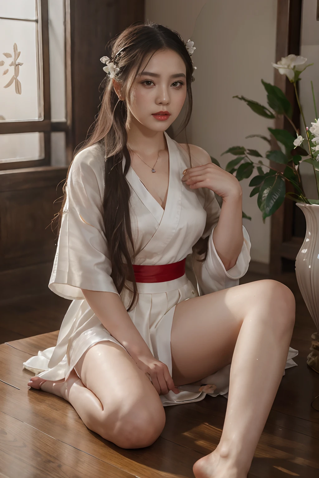 There is a woman sitting on a table with a vase, white skin, melancholy eyes, a palace, a girl in Hanfu, beautiful figure painting, white Hanfu, Hanfu, hair accessories, , looking at the viewer, red lips, skirt, hair accessories, necklaces, jewellery, long hair, barefoot