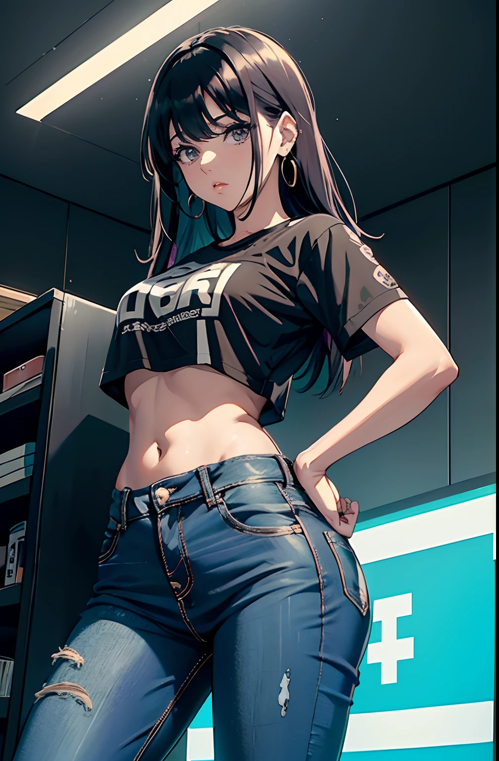 (Hinata Hyuga, muito sensual, com roupas apertadas, bunda grande, pernas grossas, Wearing extremely tight jeans, usando uma mini blusa, umbigo com pirsing, cabelo grande, Speaker behind, muito realista, extremamente sexy, 8k, 8k extremamente detalhado), (um extremamente delicado e bonito), (obra-prima), (melhor qualidade: 1.0), (ultra highres:1.0)