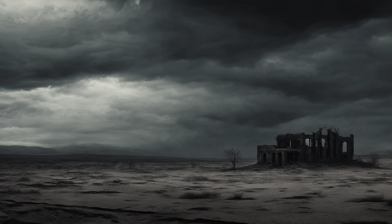 cold sky outside, clouded cold sky, desert, apocalyptic landscape.