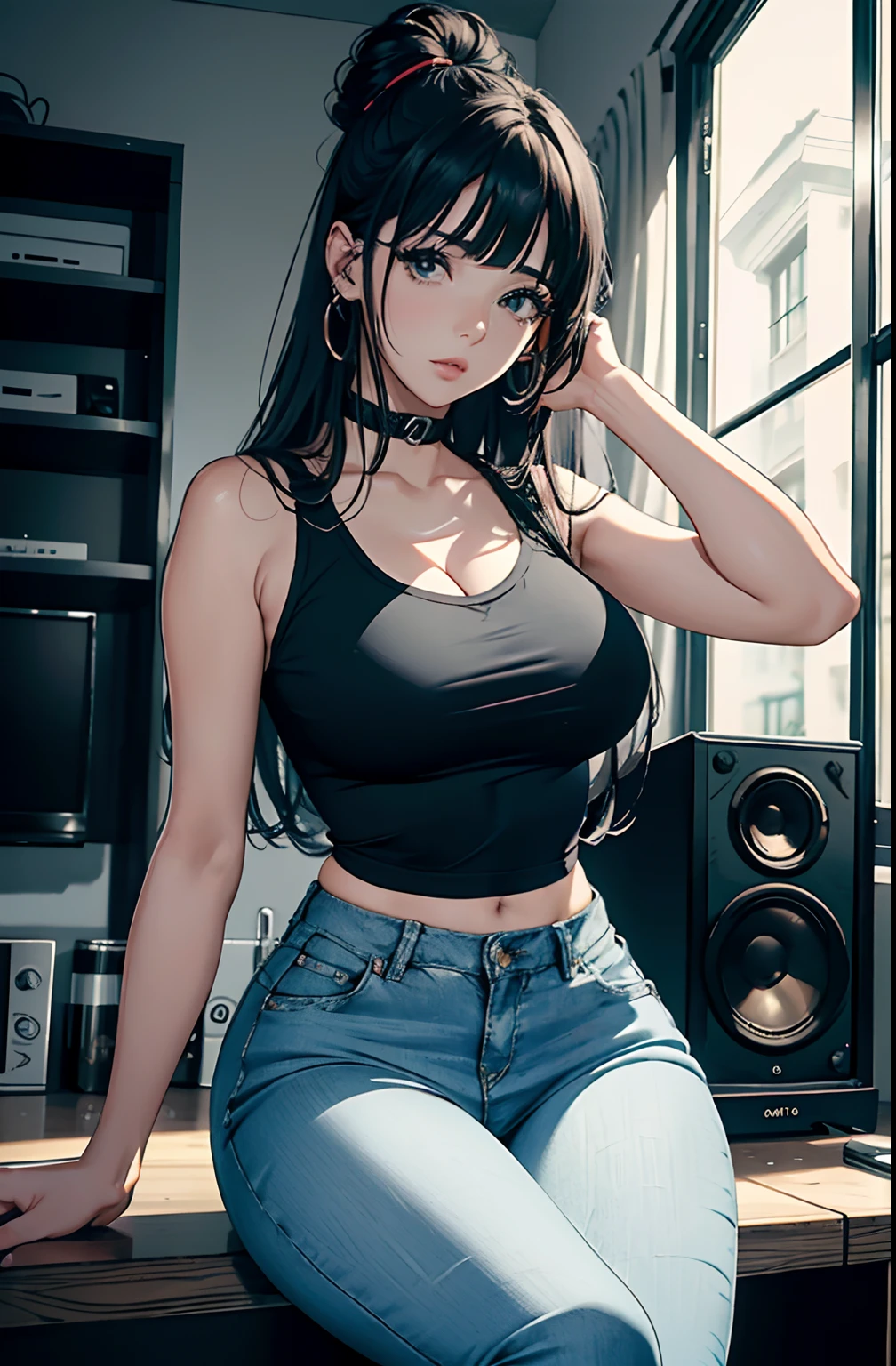 (Hinata Hyuga, muito sensual, com roupas apertadas, bunda grande, pernas grossas, Wearing extremely tight jeans, usando uma mini blusa, umbigo com pirsing, cabelo grande, Speaker behind, muito realista, extremamente sexy, 8k, 8k extremamente detalhado), (um extremamente delicado e bonito), (obra-prima), (melhor qualidade: 1.0), (ultra highres:1.0)
