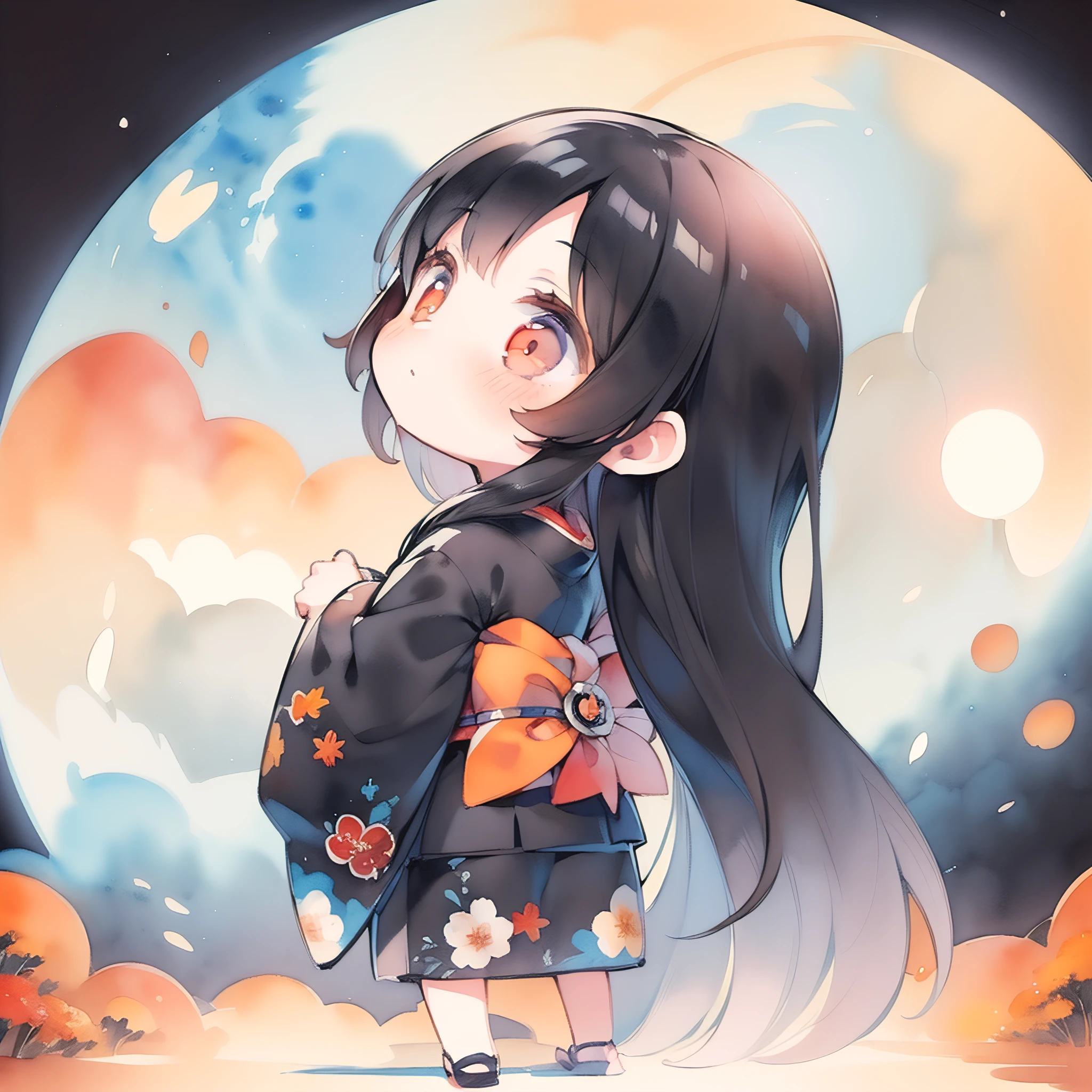 masutepiece, Best Quality, Extremely detailed, watercolor paiting, girl with, Solo, Cool, Full body, (((Black Long Hair:1.3))), Red kimono, (Looking up at the moon:1.1), (from the rear:1.2), (((Deformed))), (((Chibi Character))), Japanese, (((Autumn background))), moon light